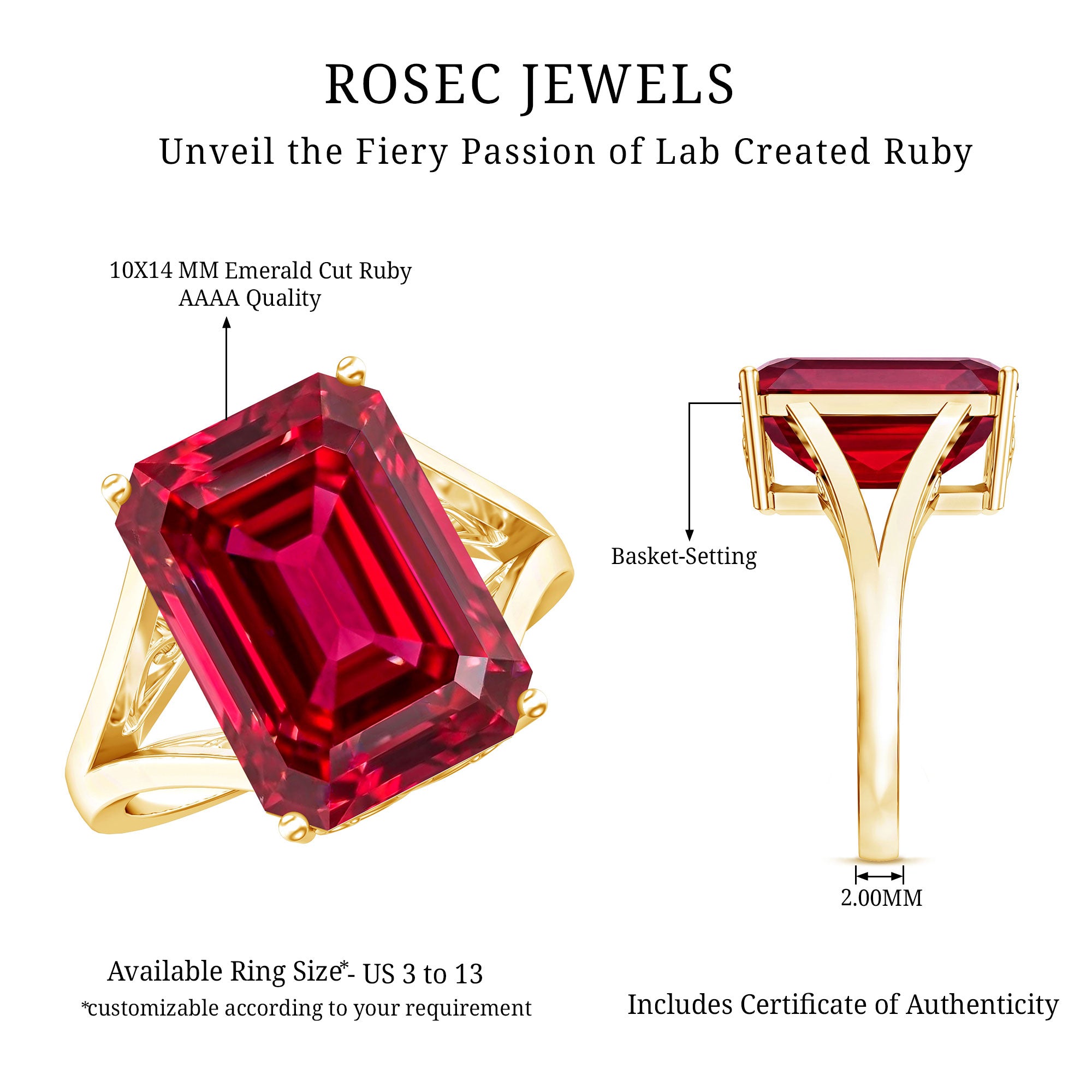 Lab Grown Ruby 10X14 MM Emerald Cut Engagement Ring with Split Shank AAAA - Rosec Jewels