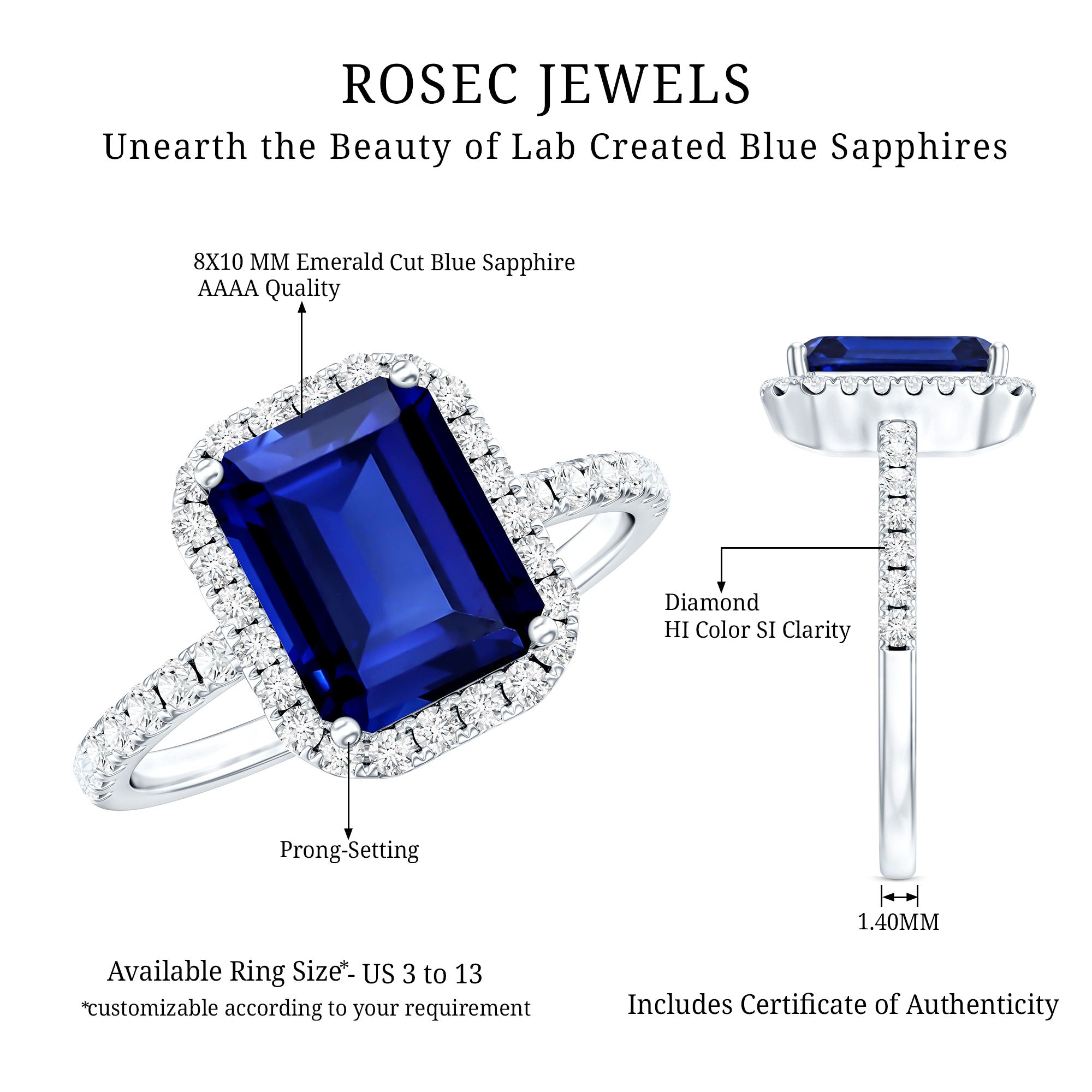 Certified 2.75 Carat Emerald Cut Lab Grown Blue Sapphire Engagement Ring with Diamond Halo AAAA - Rosec Jewels