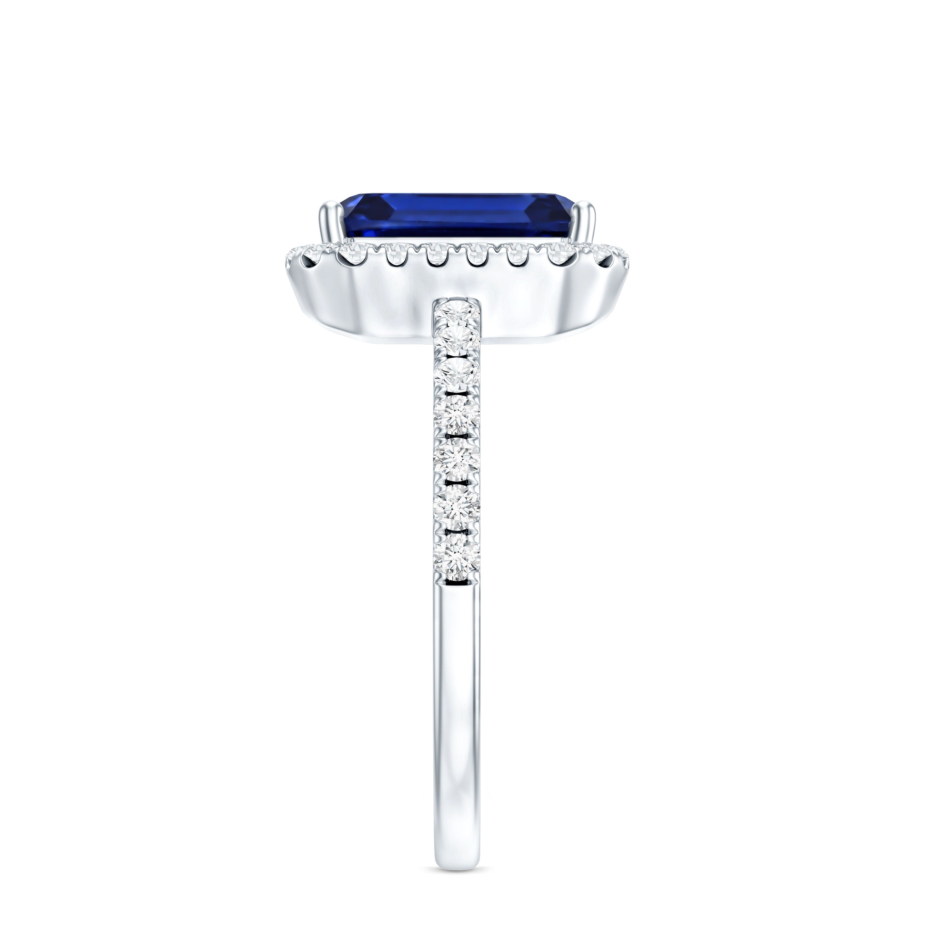 Certified 2.75 Carat Emerald Cut Lab Grown Blue Sapphire Engagement Ring with Diamond Halo AAAA - Rosec Jewels