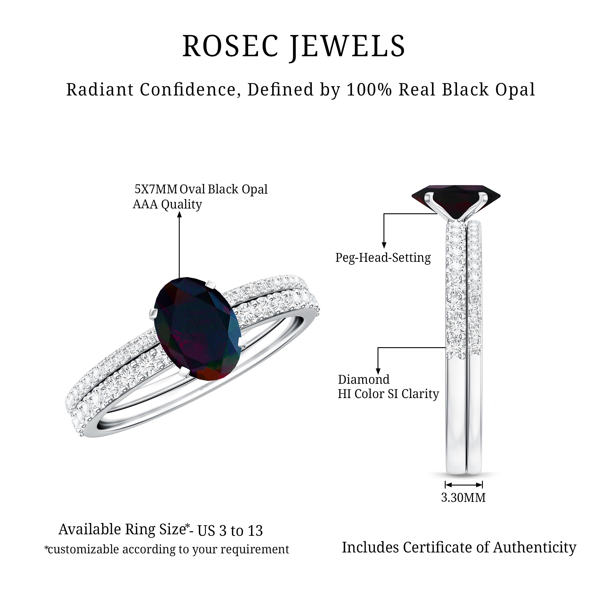 0.9 Carat Oval Cut Black Opal Wedding Ring Set With Diamond AAA - Rosec Jewels