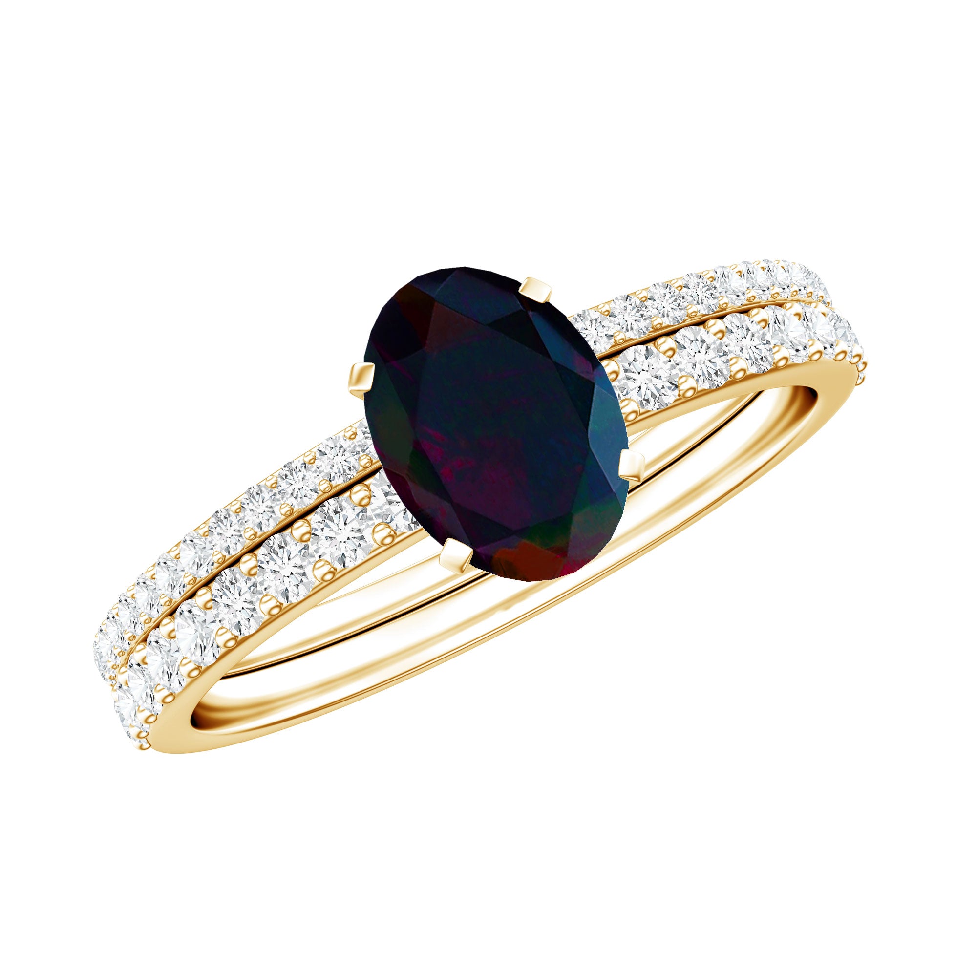 0.9 Carat Oval Cut Black Opal Wedding Ring Set With Diamond AAA - Rosec Jewels