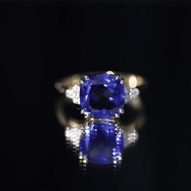 Certified 9 Carat Lab Grown Blue Sapphire Cushion Cut Engagement Ring with Diamond Trio AAAA - Rosec Jewels
