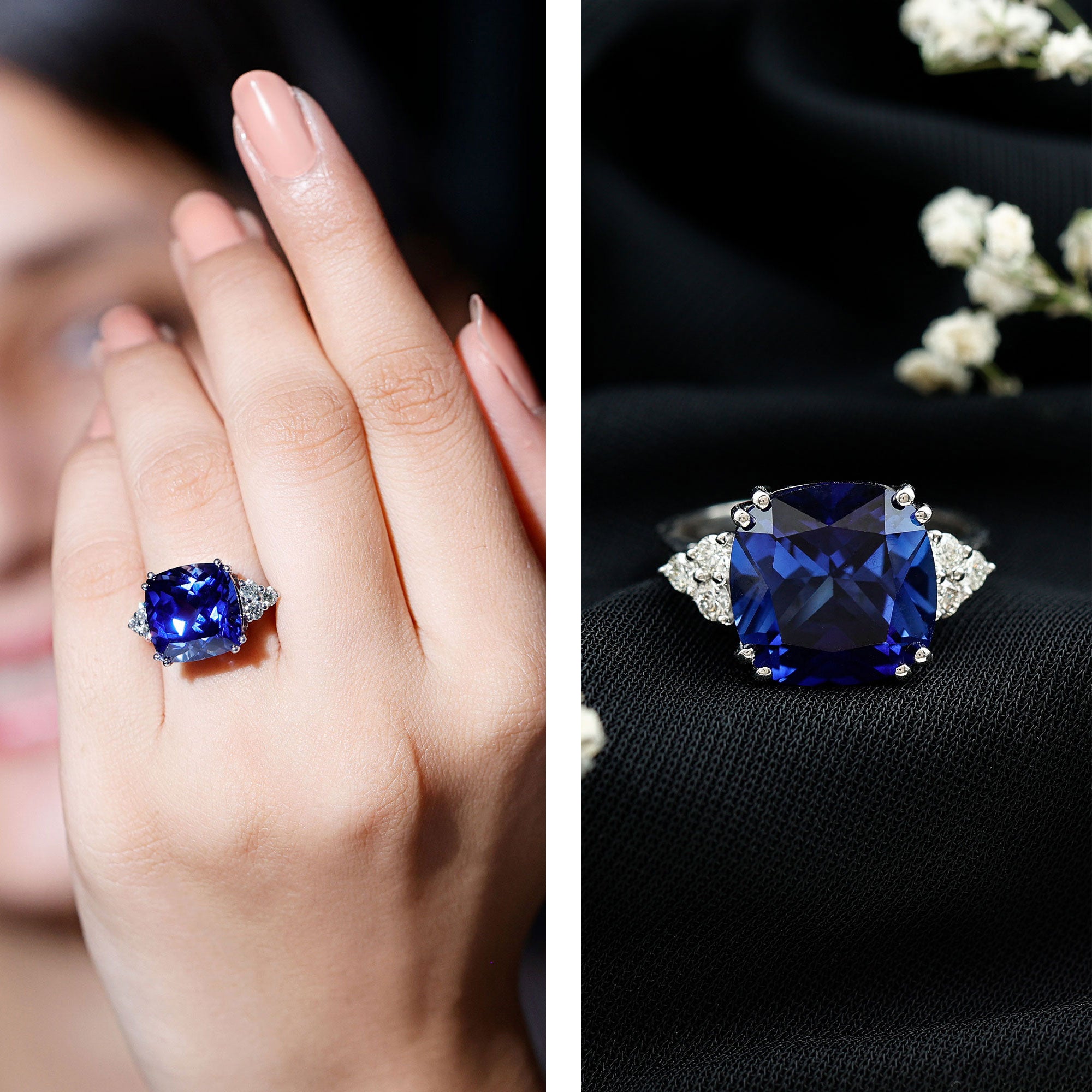 Certified 9 Carat Lab Grown Blue Sapphire Cushion Cut Engagement Ring with Diamond Trio AAAA - Rosec Jewels