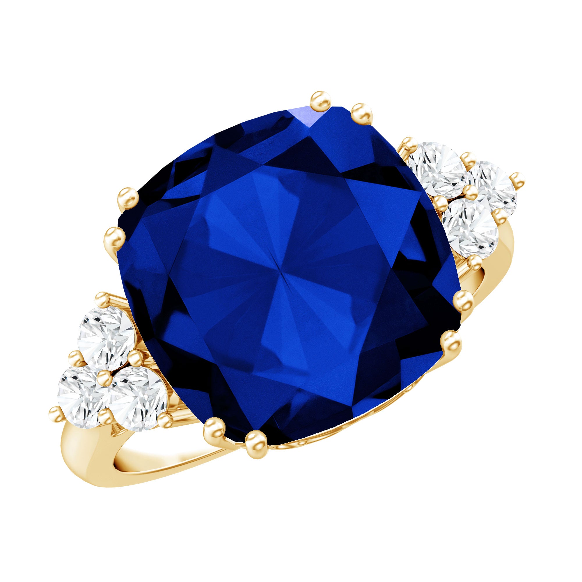 Certified 9 Carat Lab Grown Blue Sapphire Cushion Cut Engagement Ring with Diamond Trio AAAA - Rosec Jewels