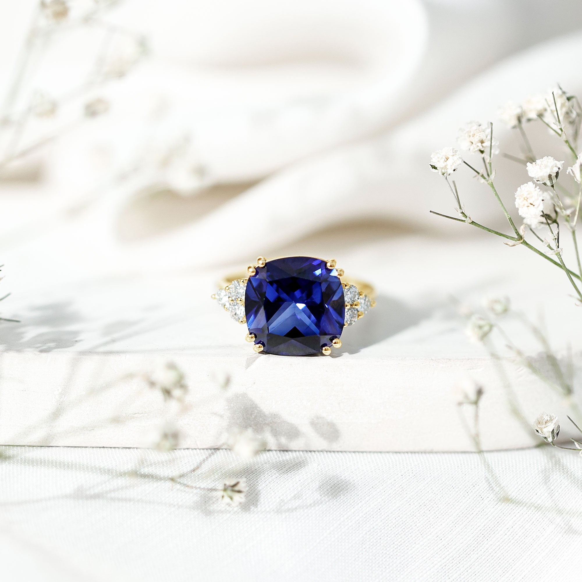 Certified 9 Carat Lab Grown Blue Sapphire Cushion Cut Engagement Ring with Diamond Trio AAAA - Rosec Jewels