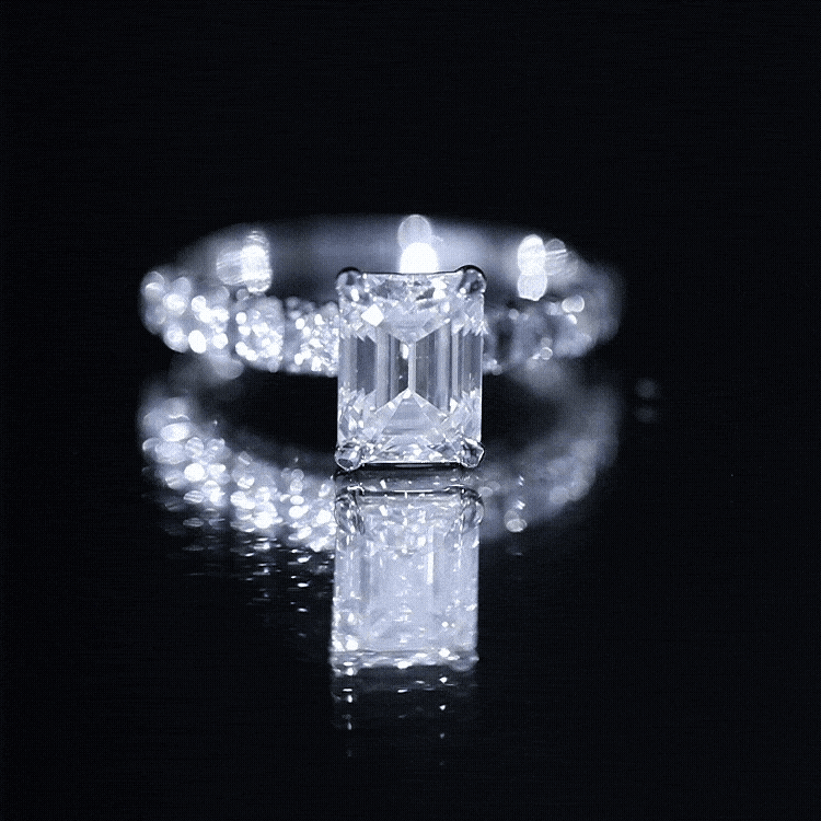 6X8 MM Emerald Cut Lab Grown Diamond Engagement Ring with Accent Lab - ( EF-VS ) - Rosec Jewels