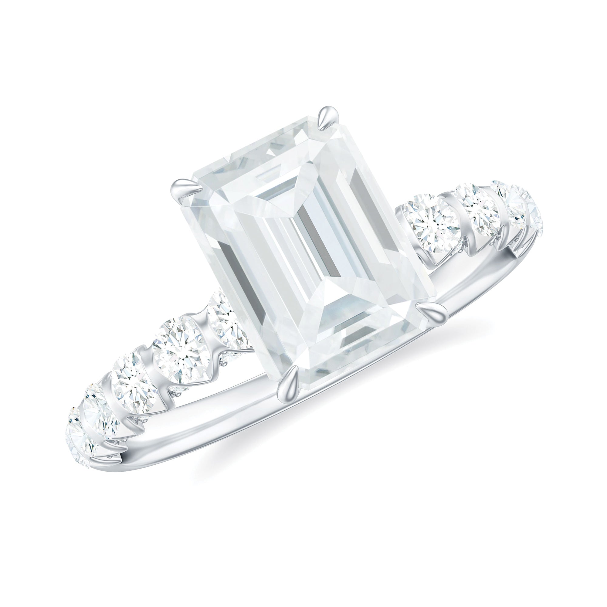 6X8 MM Emerald Cut Lab Grown Diamond Engagement Ring with Accent