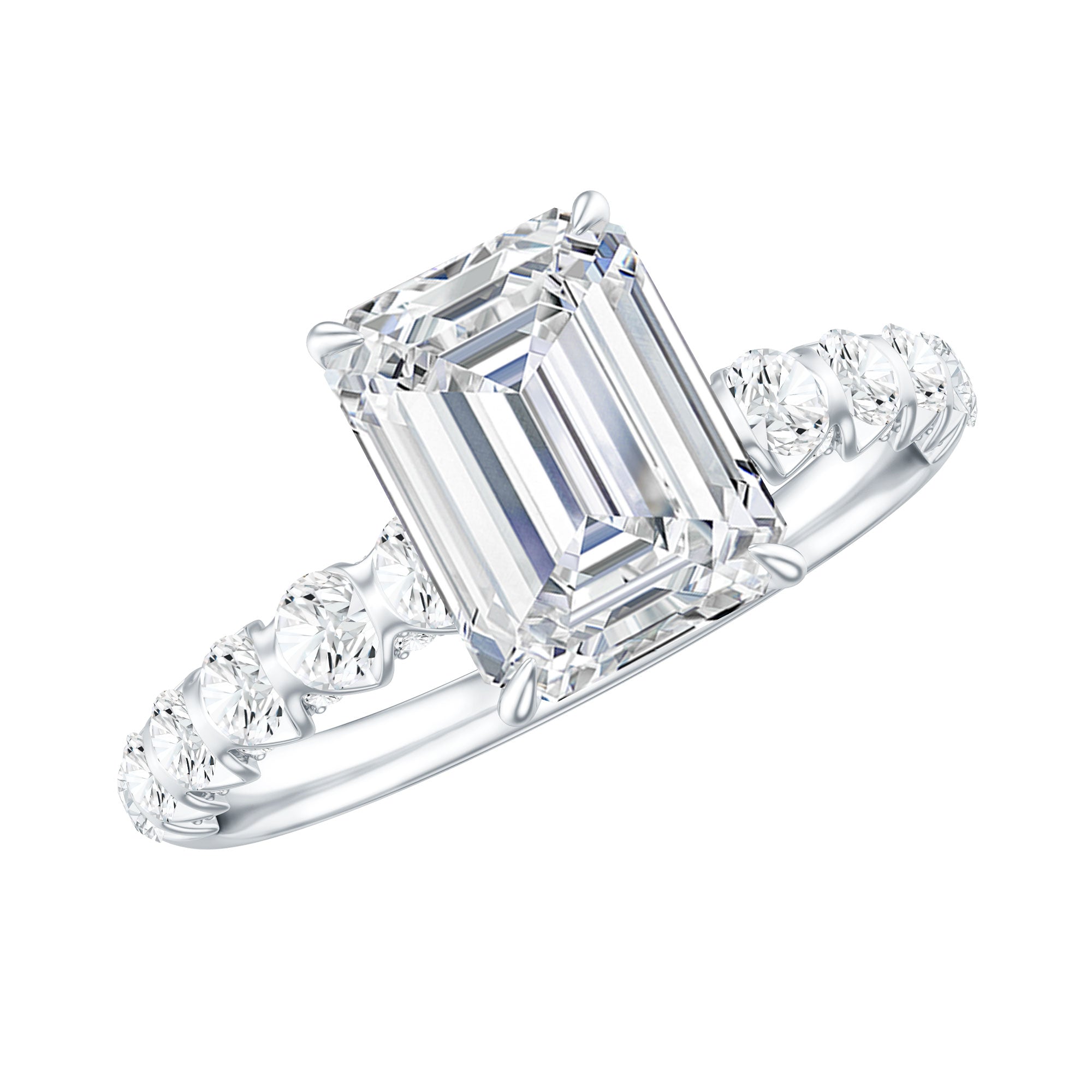 6X8 MM Emerald Cut Lab Grown Diamond Engagement Ring with Accent Lab - ( EF-VS ) - Rosec Jewels