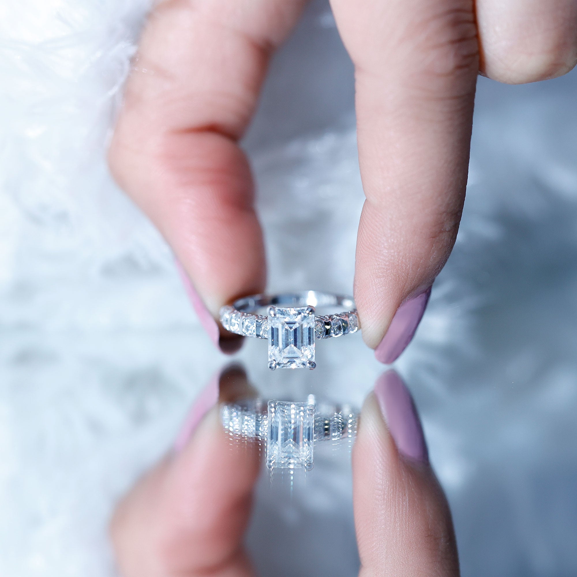 6X8 MM Emerald Cut Lab Grown Diamond Engagement Ring with Accent Lab - ( EF-VS ) - Rosec Jewels