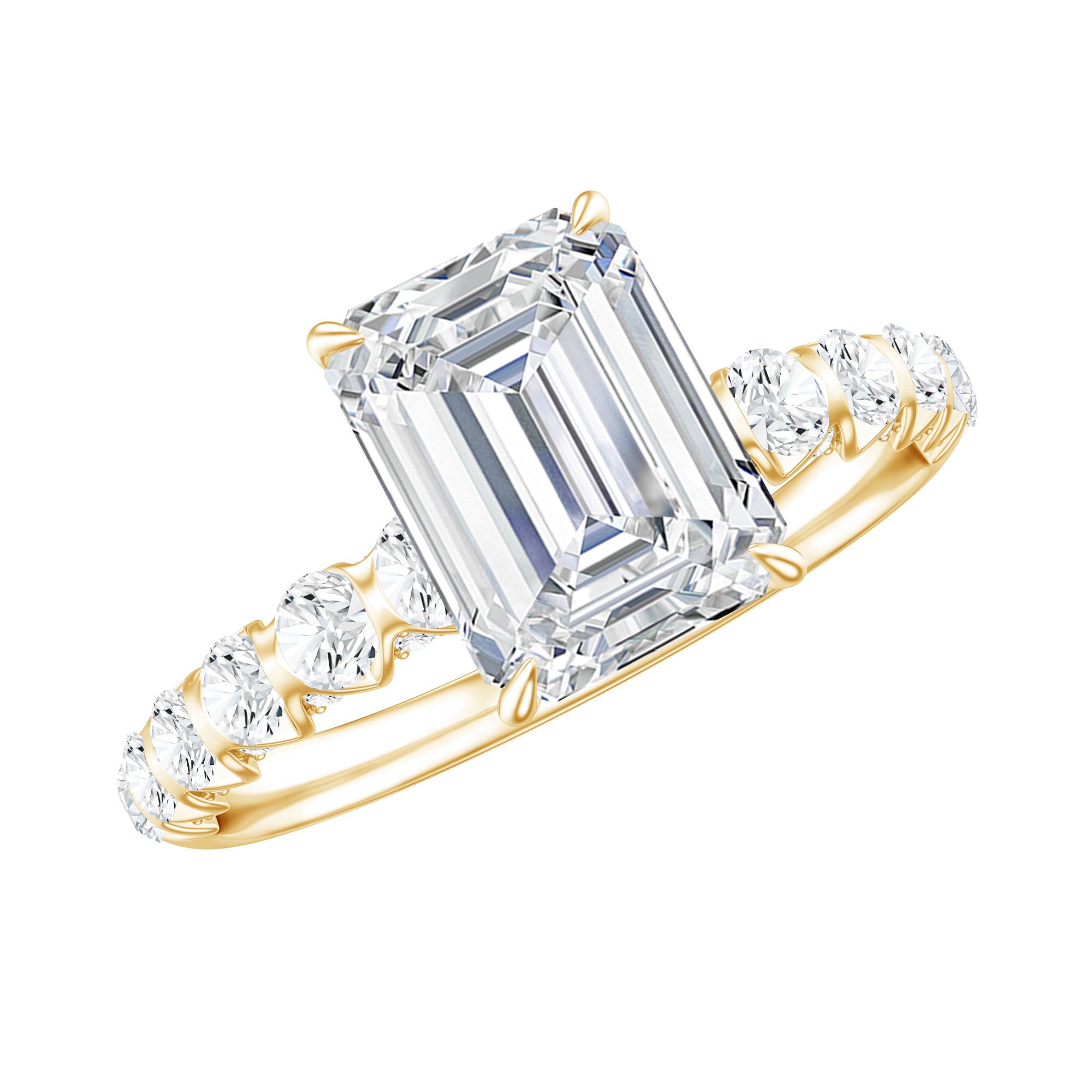 6X8 MM Emerald Cut Lab Grown Diamond Engagement Ring with Accent Lab - ( EF-VS ) - Rosec Jewels