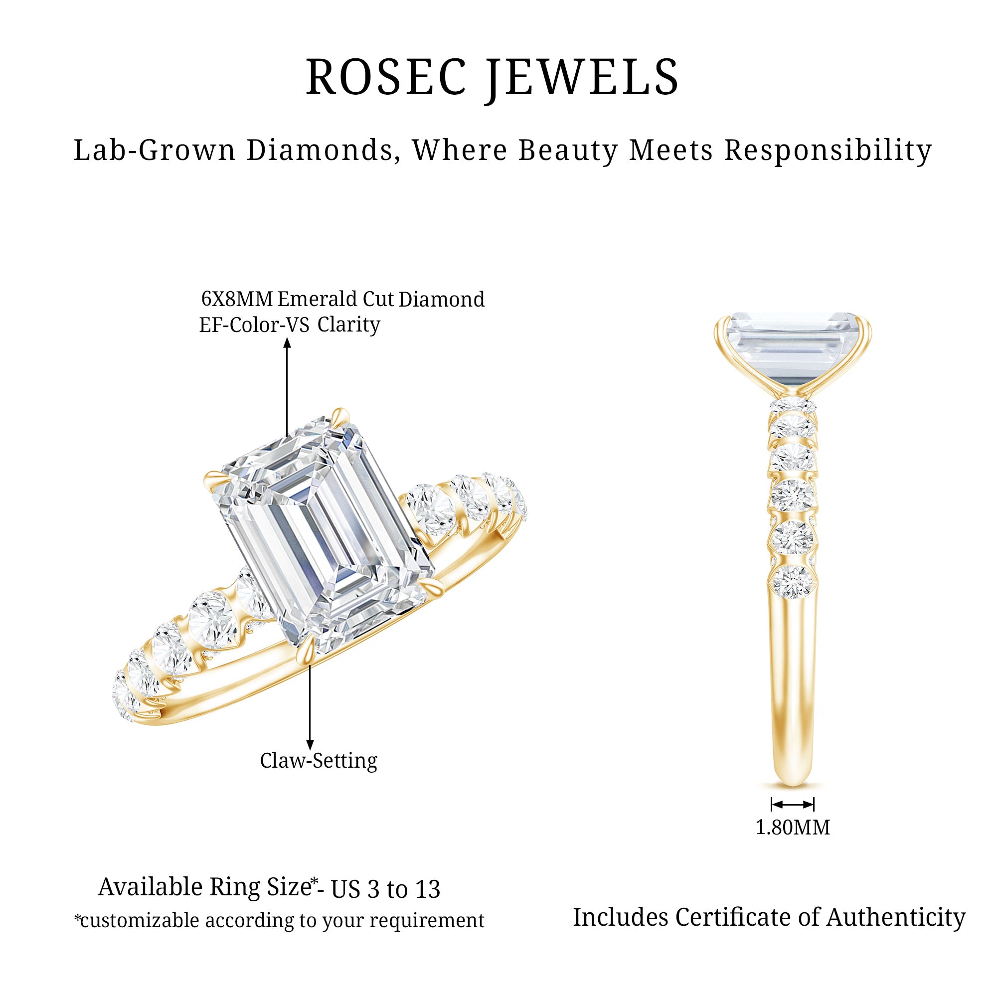 6X8 MM Emerald Cut Lab Grown Diamond Engagement Ring with Accent Lab - ( EF-VS ) - Rosec Jewels