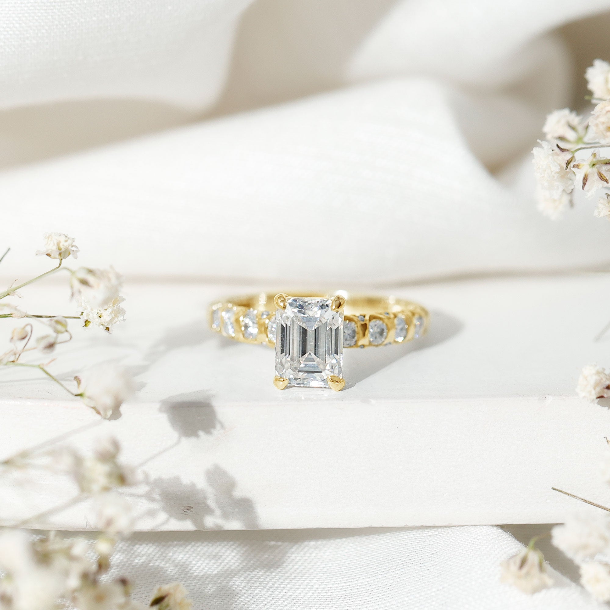 6X8 MM Emerald Cut Lab Grown Diamond Engagement Ring with Accent Lab - ( EF-VS ) - Rosec Jewels