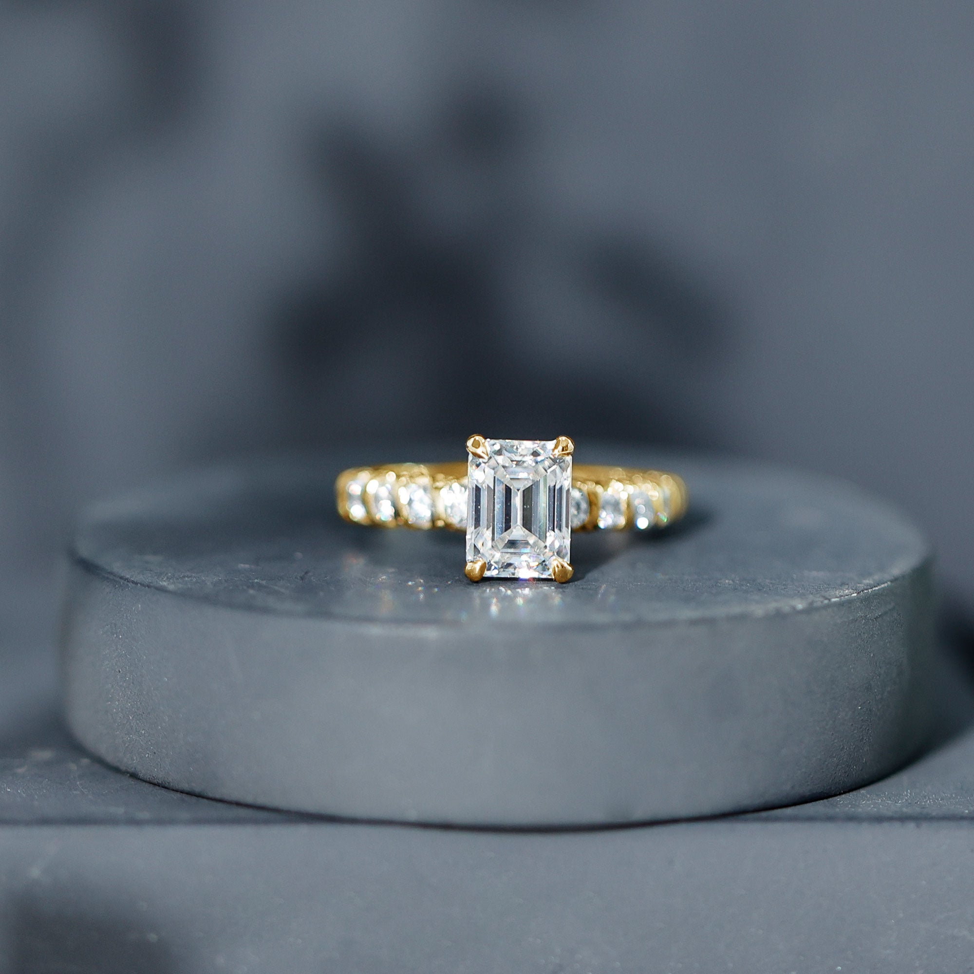 6X8 MM Emerald Cut Lab Grown Diamond Engagement Ring with Accent Lab - ( EF-VS ) - Rosec Jewels
