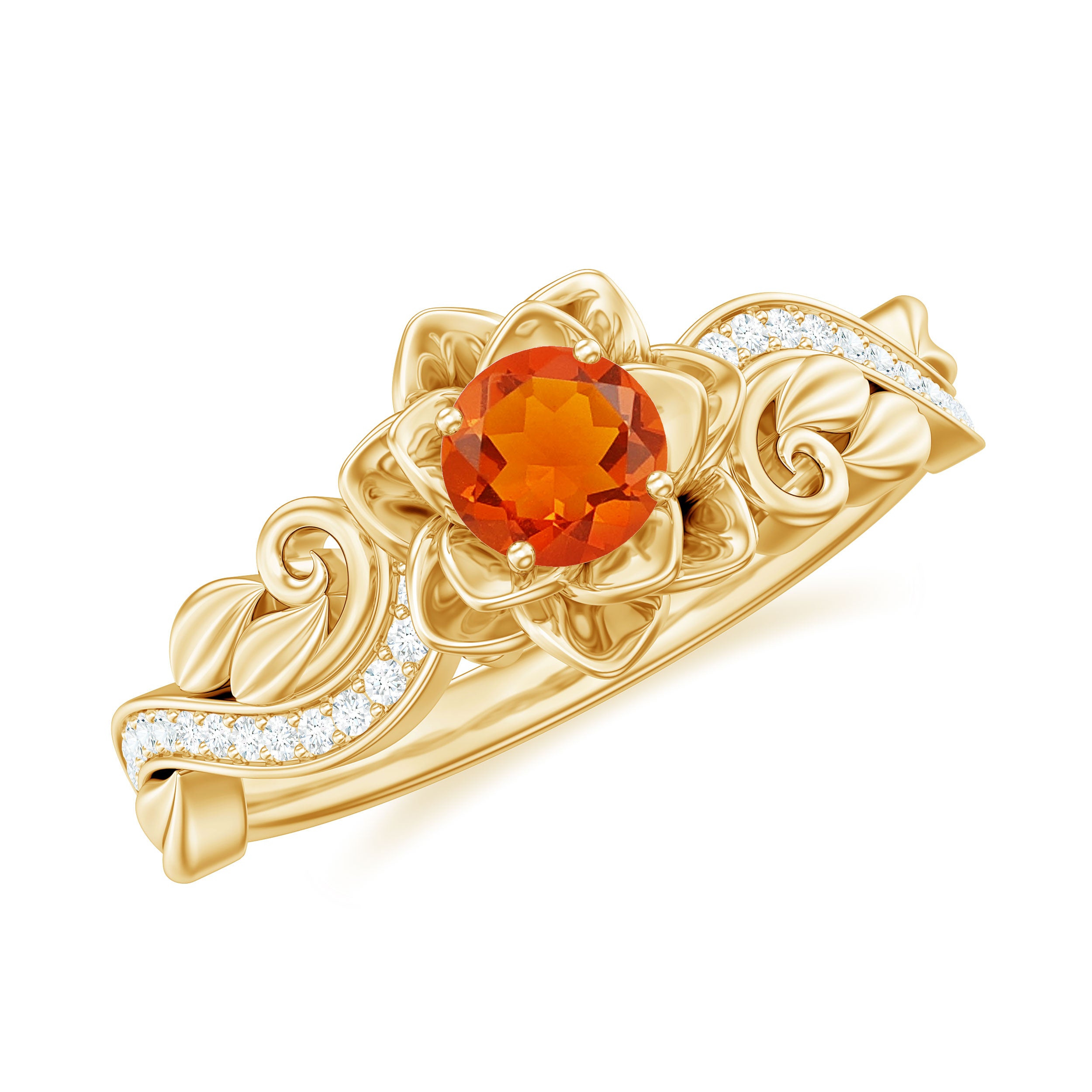 Certified Fire Opal and Diamond Rose Flower Engagement Ring