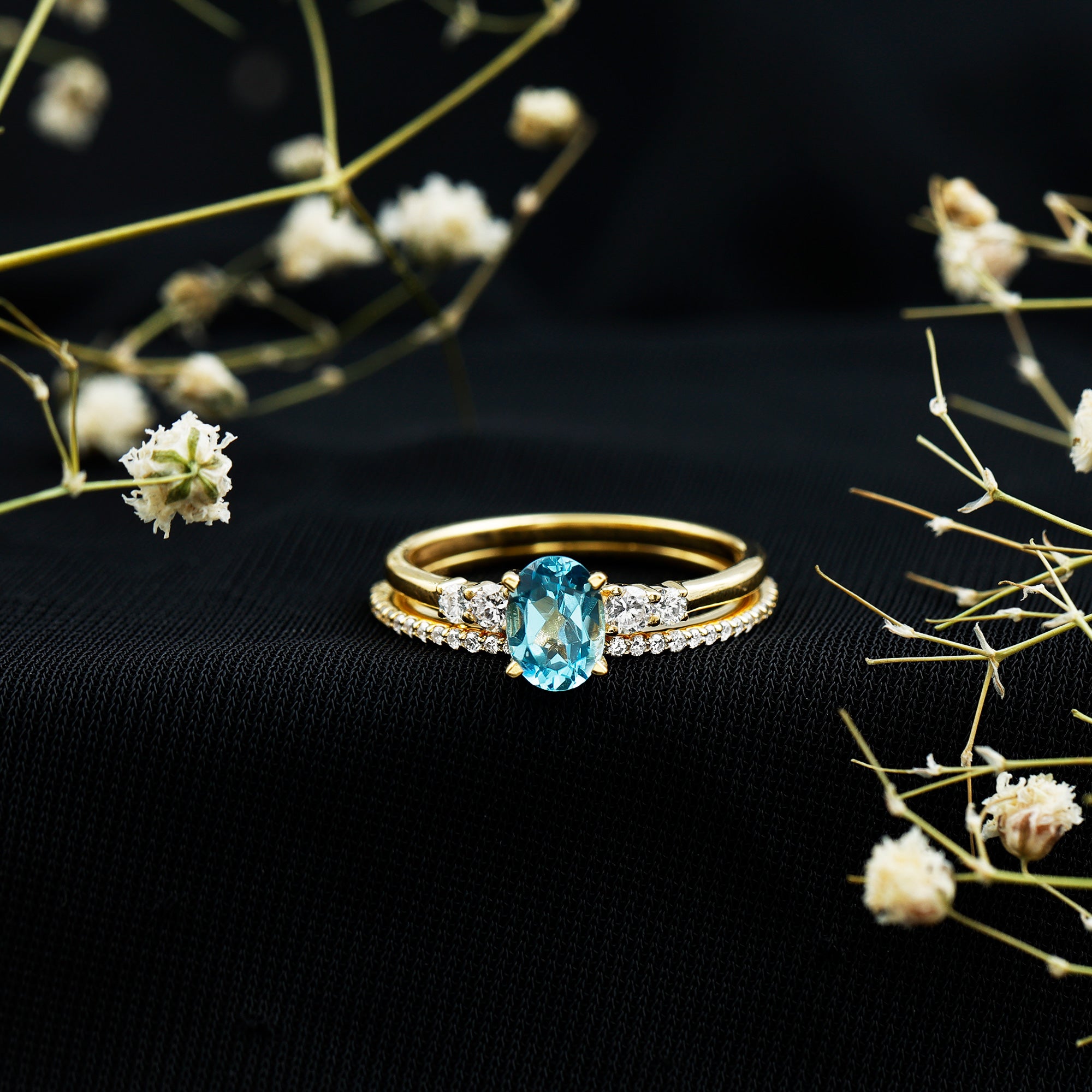 Rosec Jewels-Oval Swiss Blue Topaz Diamond Wedding Ring Set in Silver