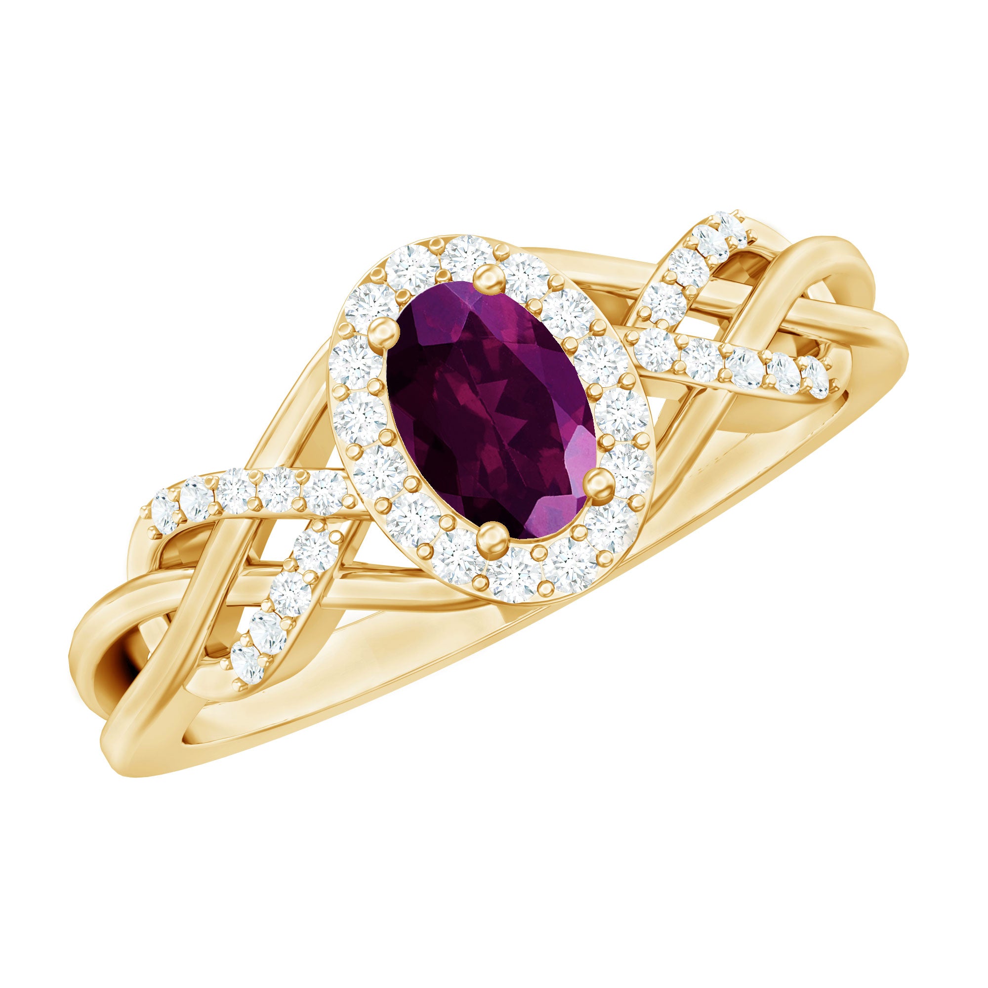 Rosec Jewels-Oval Rhodolite Garnet and Diamond Criss Cross Engagement Ring