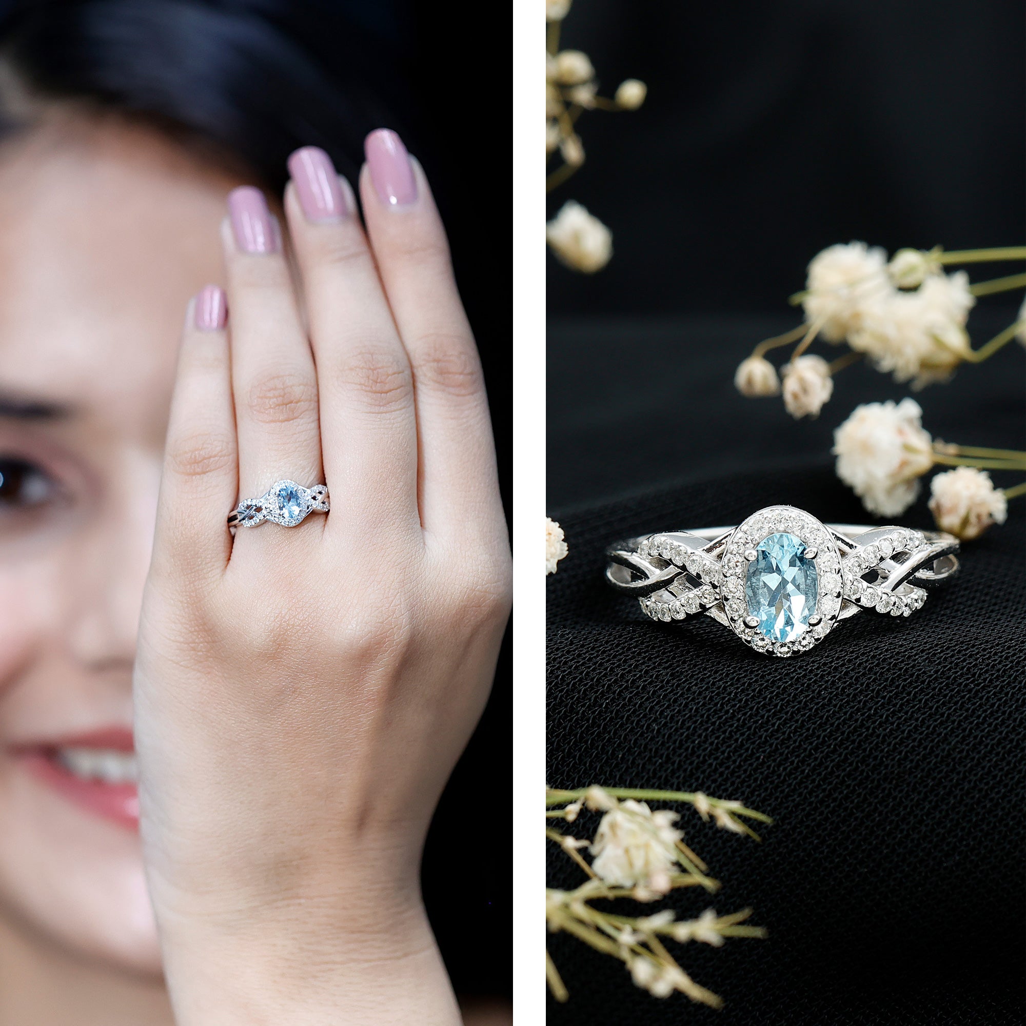 Rosec Jewels-Genuine Aquamarine and Diamond Designer Engagement Ring in Silver