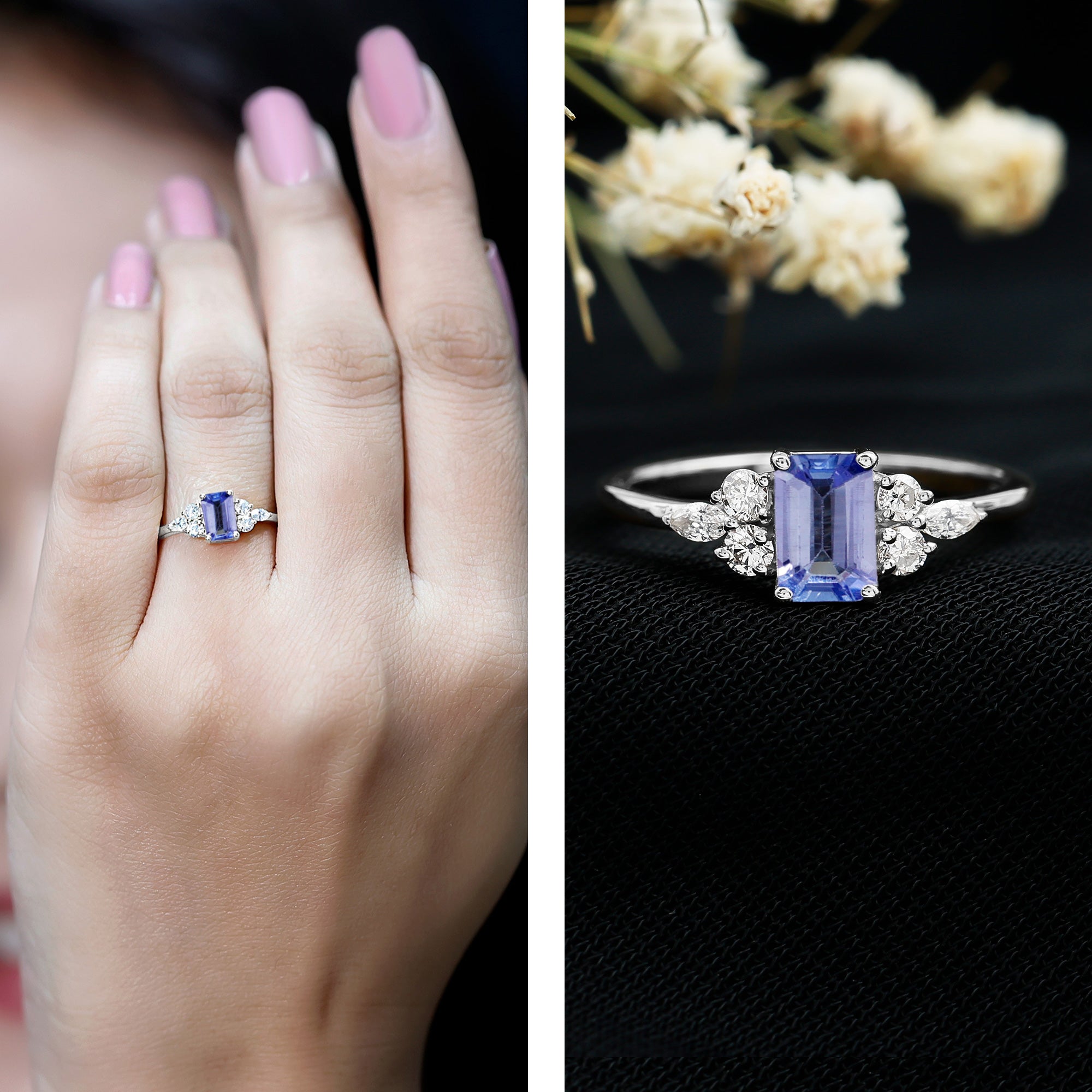 Rosec Jewels-Emerald Cut Tanzanite and Diamond Promise Ring in Silver