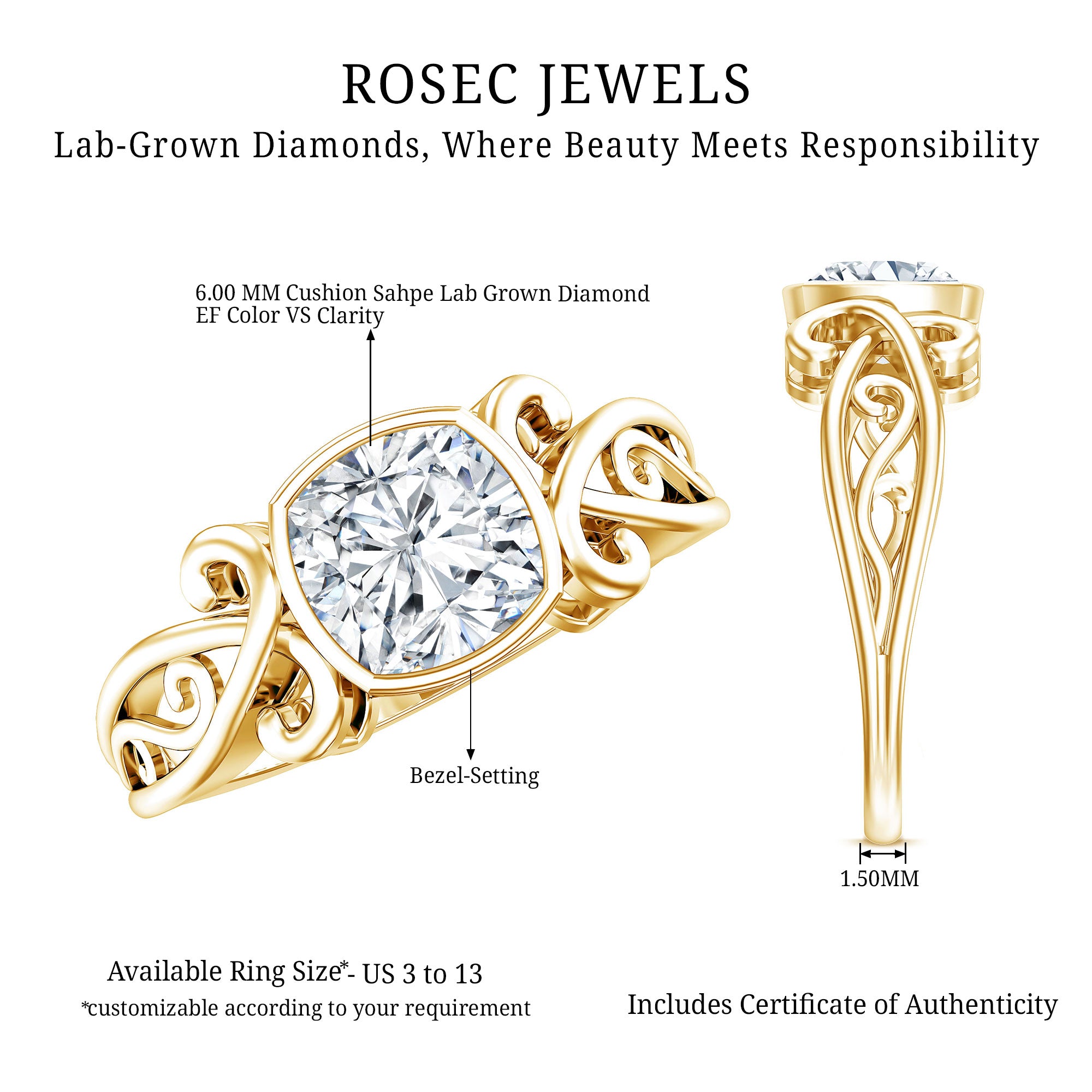 1.7 Carat Lab Grown Diamond Cushion Engagement Ring Lab - ( EF-VS ) - Rosec Jewels