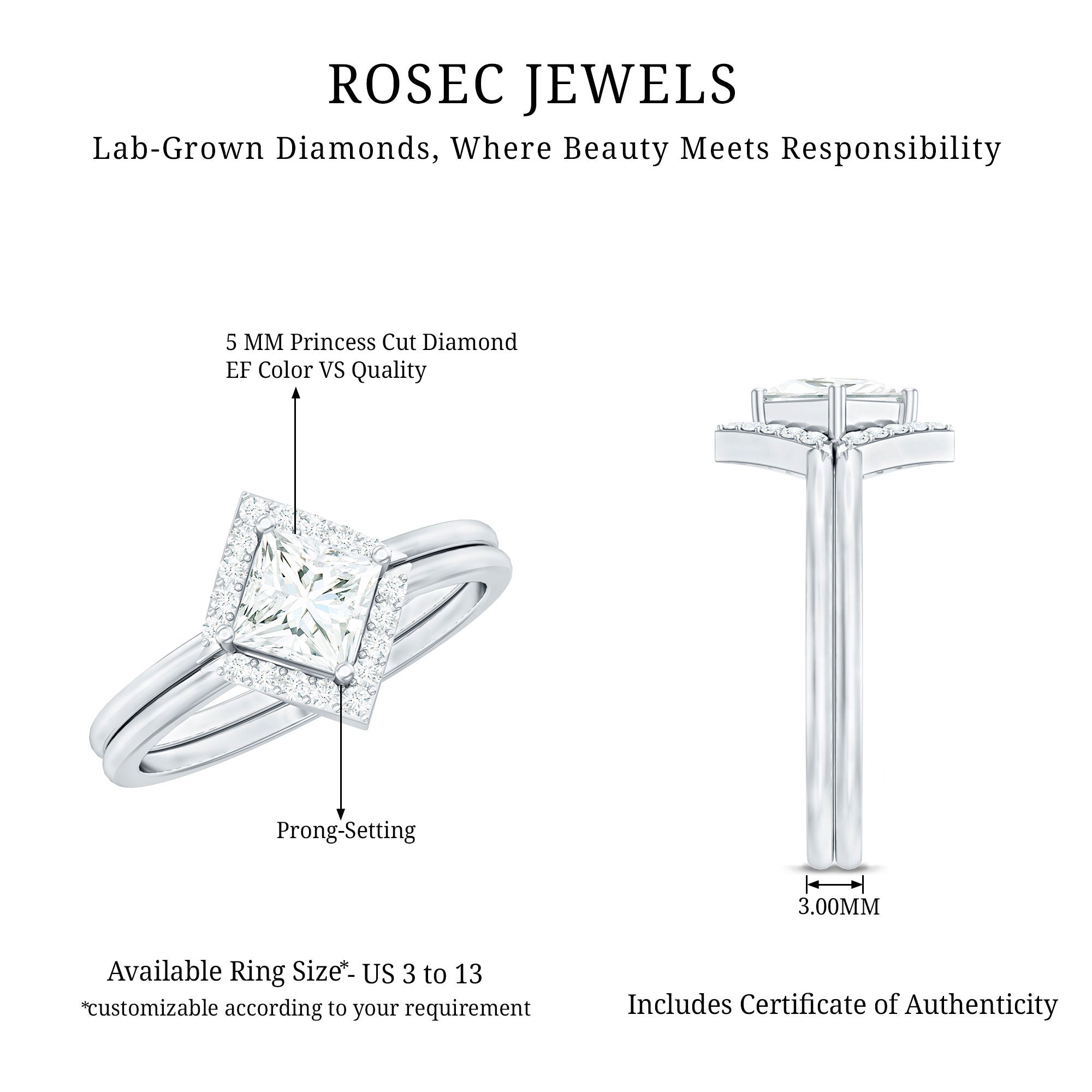 Rosec Jewels-Princess Cut Lab Grown Diamond Bridal Ring Set
