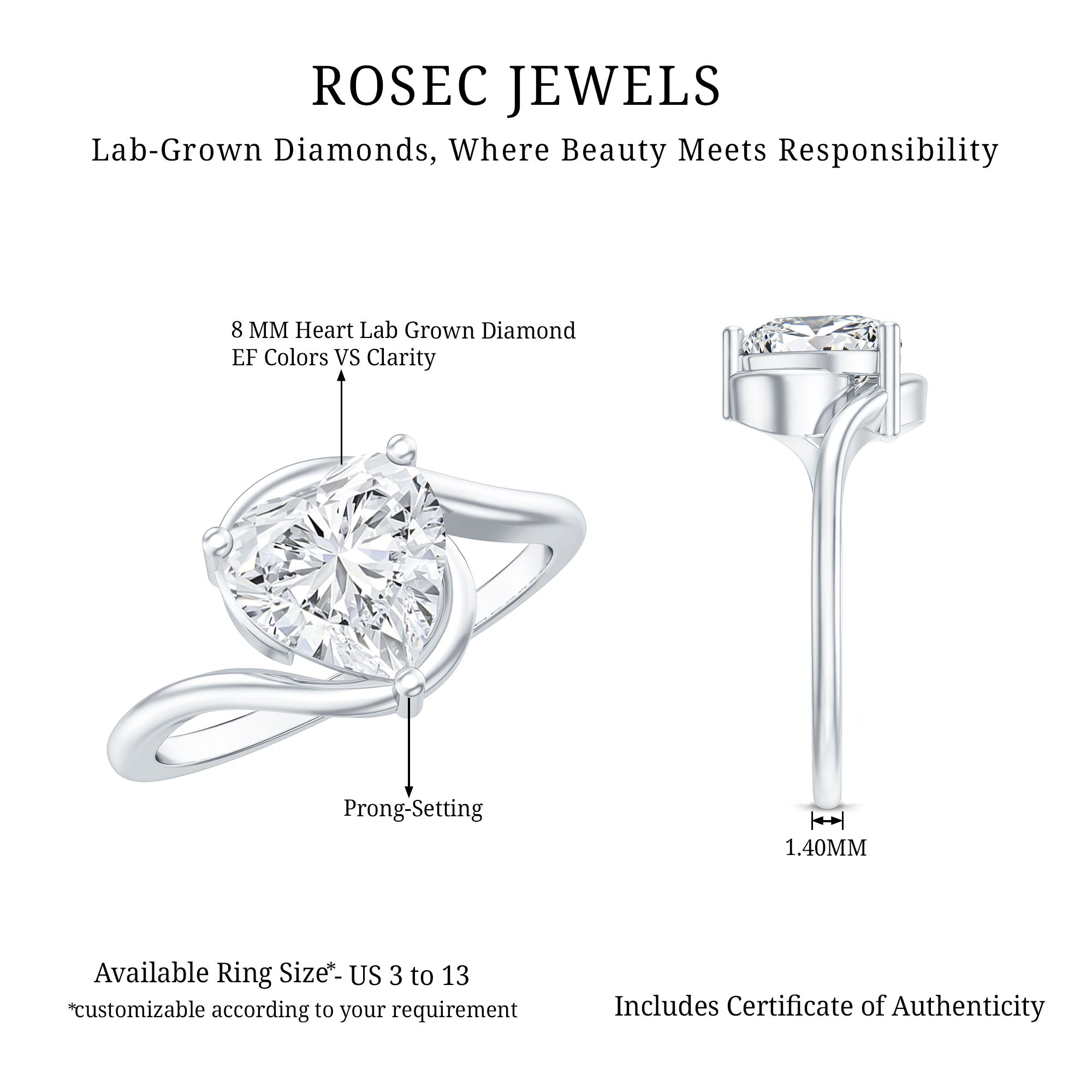 2 Carat Lab Grown Diamond Heart Shape Engagement Ring For Her Lab - ( EF-VS ) - Rosec Jewels
