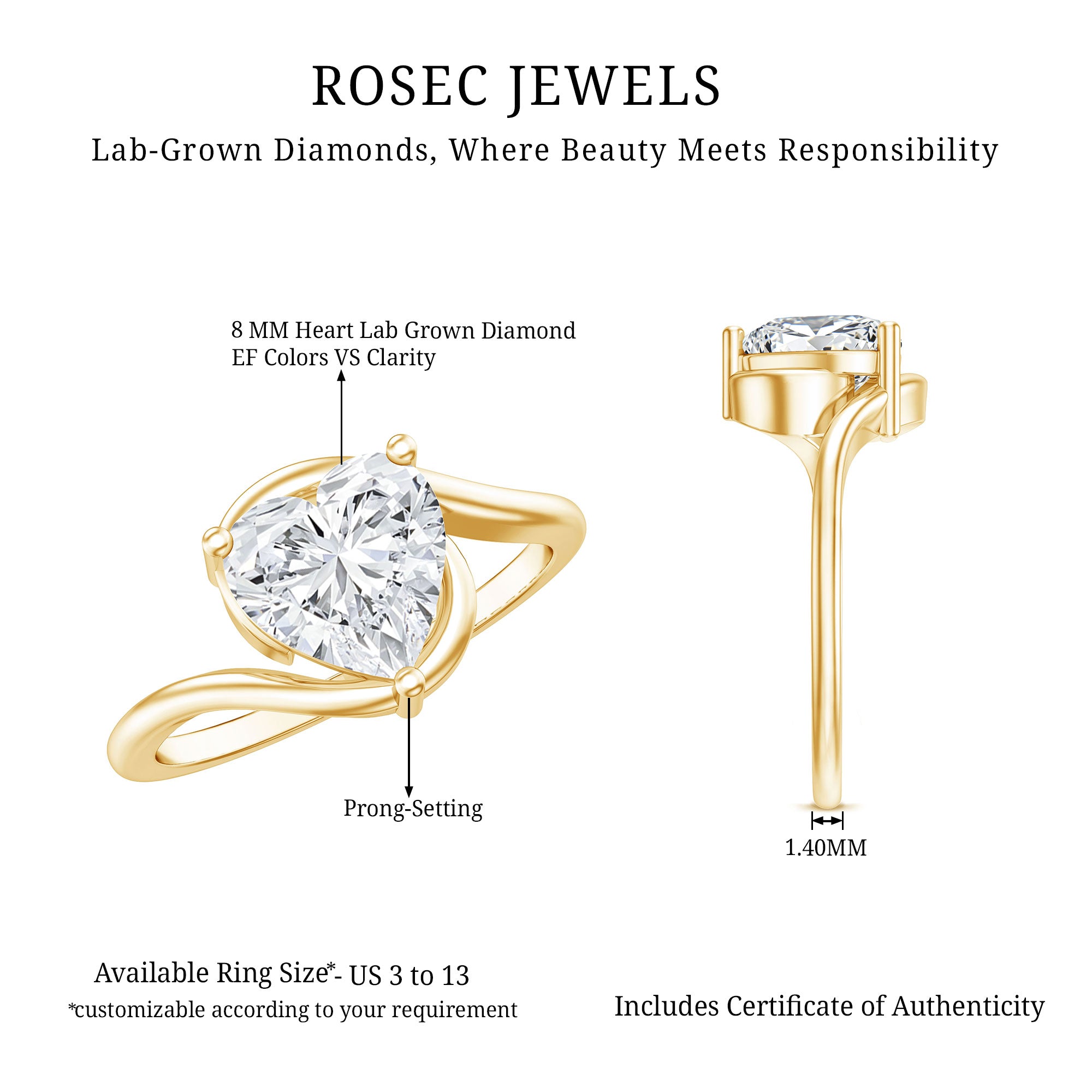 2 Carat Lab Grown Diamond Heart Shape Engagement Ring For Her Lab - ( EF-VS ) - Rosec Jewels