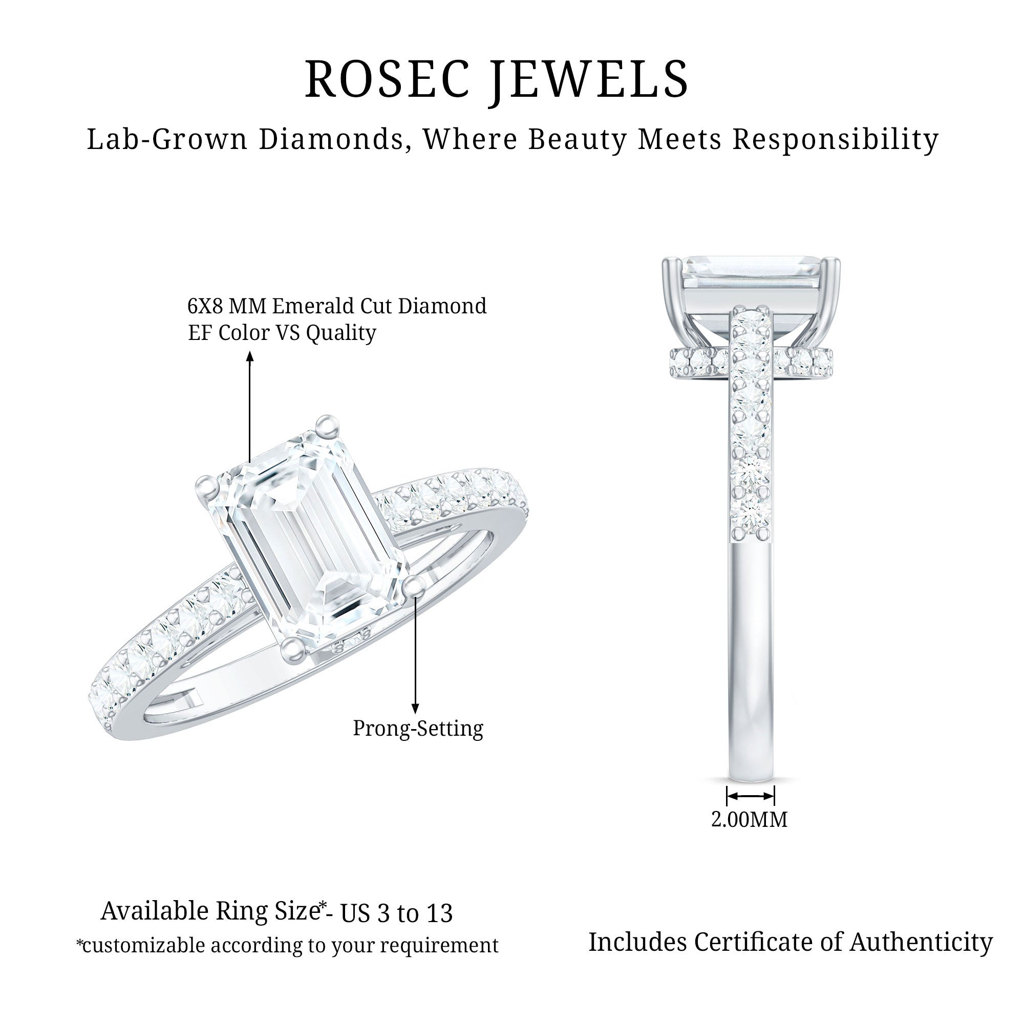 Rosec Jewels-Diamond Emerald Cut Engagement Ring With Hidden Halo