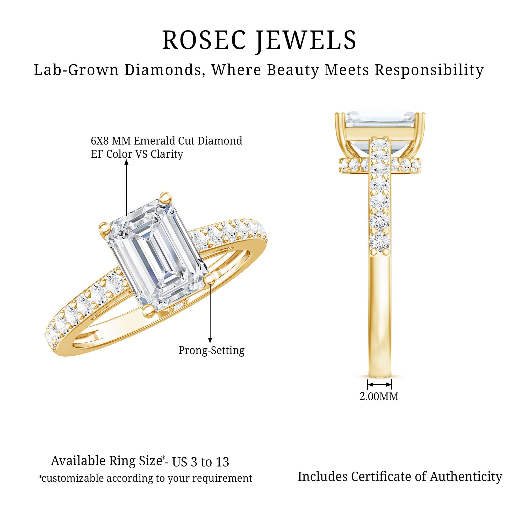 Diamond Emerald Cut Engagement Ring With Hidden Halo Lab - ( EF-VS ) - Rosec Jewels