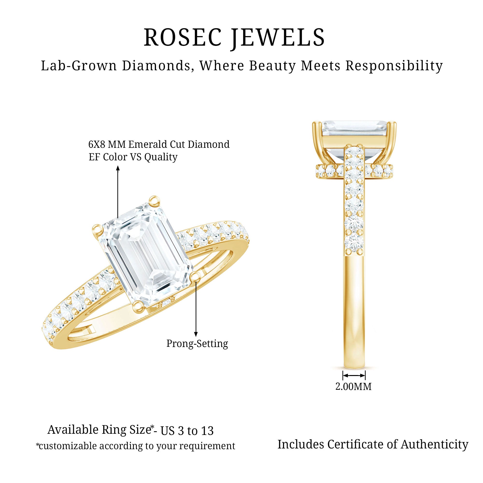 Rosec Jewels-Diamond Emerald Cut Engagement Ring With Hidden Halo