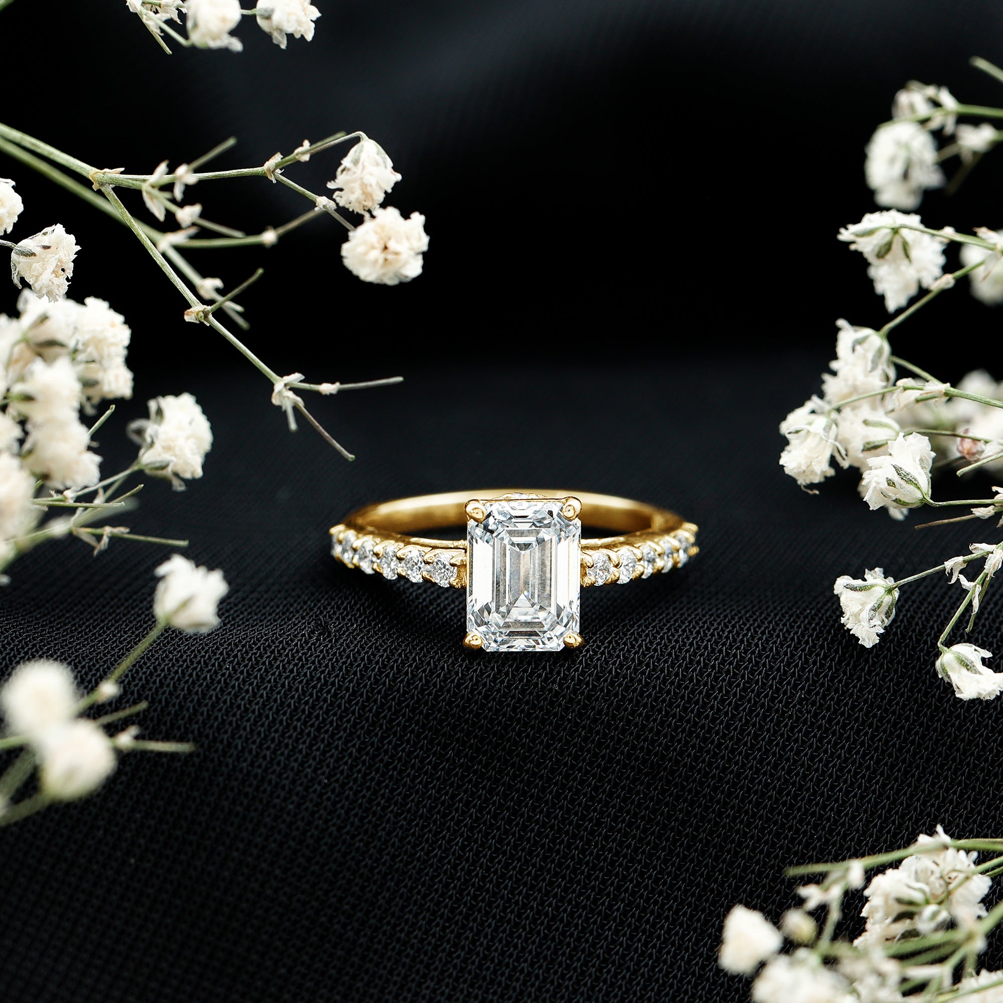 Diamond Emerald Cut Engagement Ring With Hidden Halo Lab - ( EF-VS ) - Rosec Jewels
