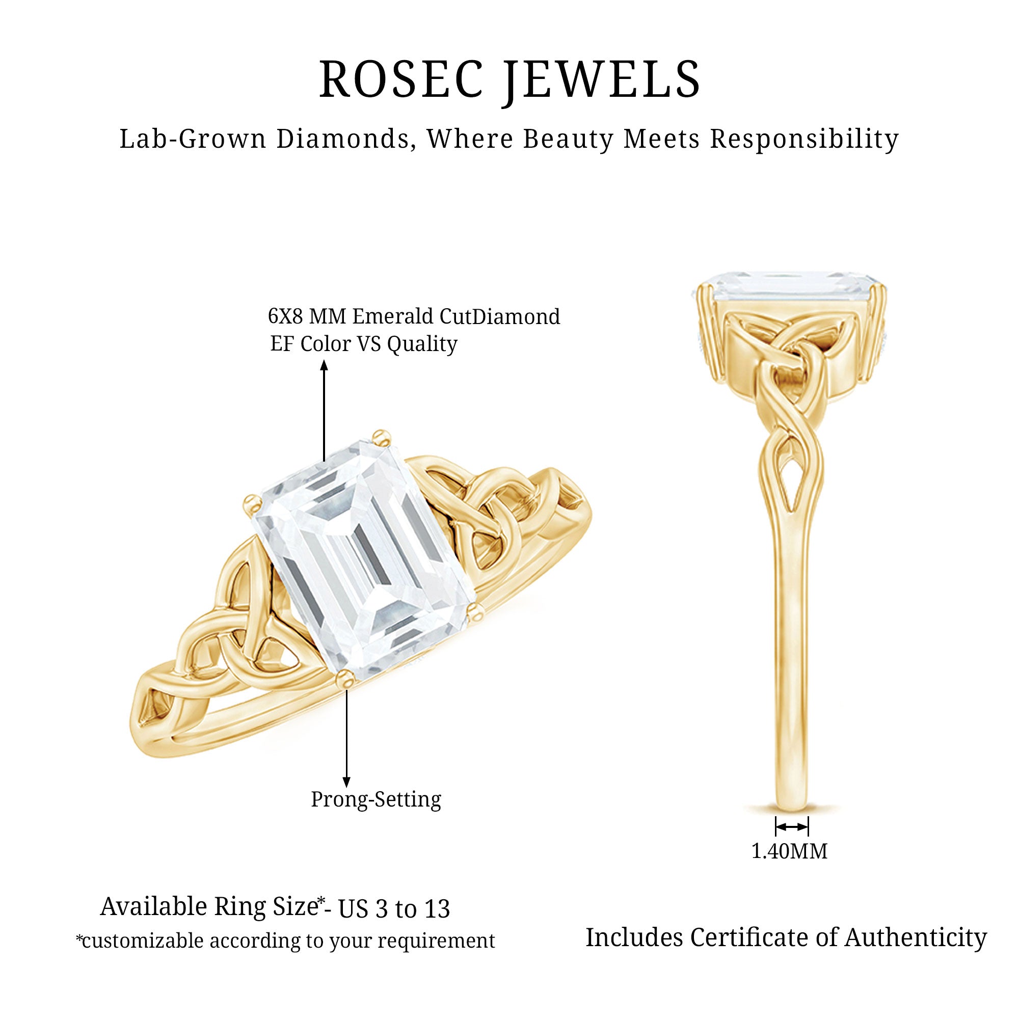 Celtic Design Inspired Lab Grown Diamond Engagement Ring Lab - ( EF-VS ) - Rosec Jewels