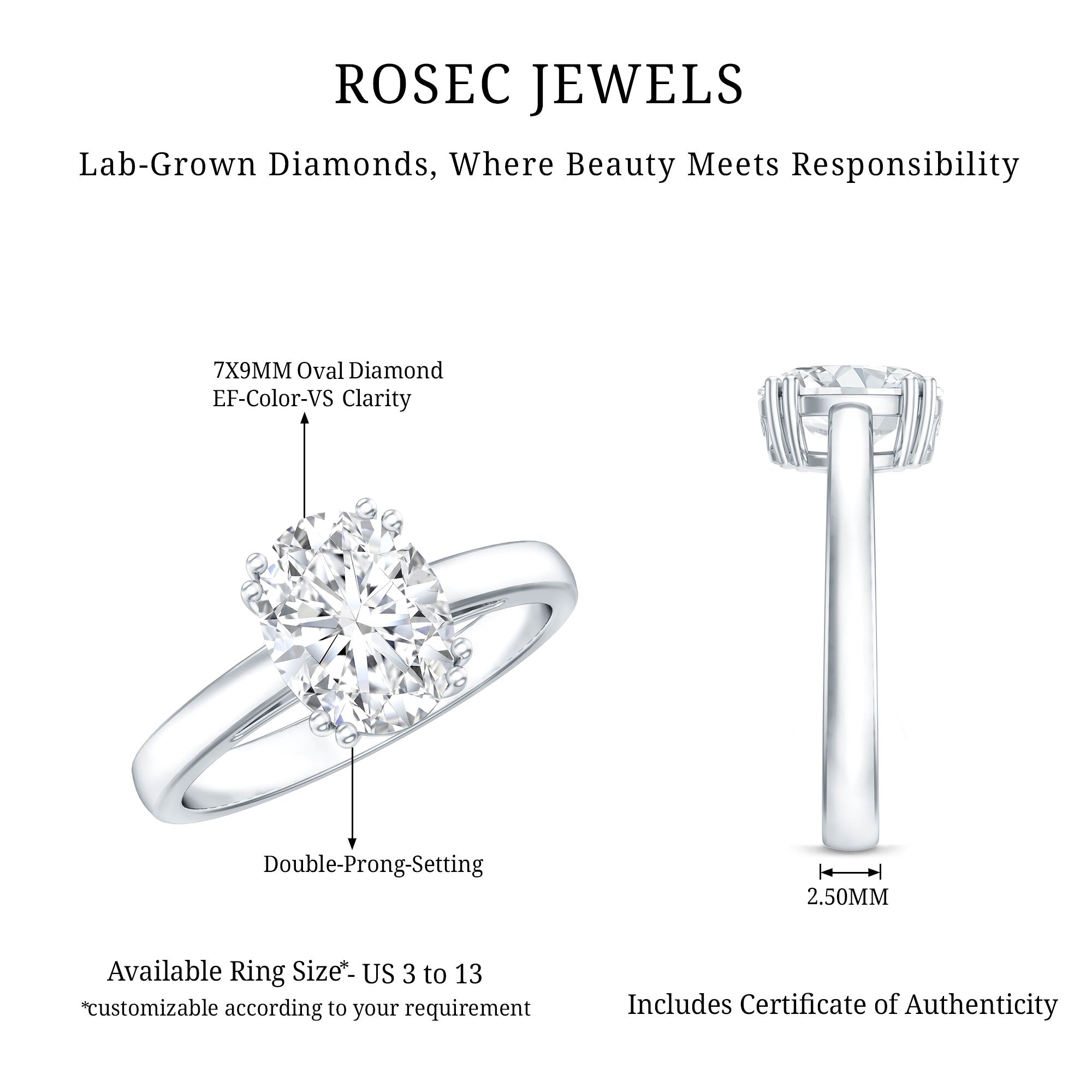 4 Prong Oval Cut Lab Grown Diamond Engagement Ring Lab - ( EF-VS ) - Rosec Jewels