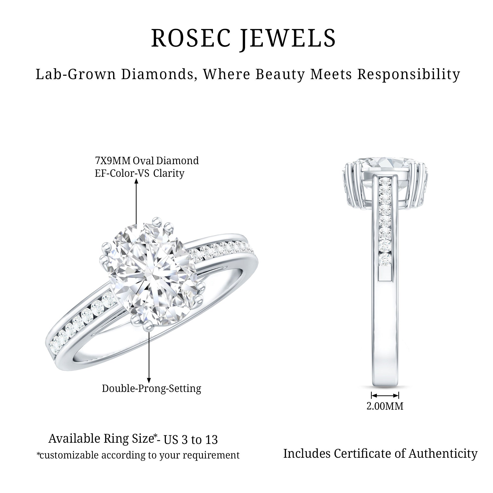 Lab Grown Diamond Timeless Engagement Ring With Side Stones Lab - ( EF-VS ) - Rosec Jewels