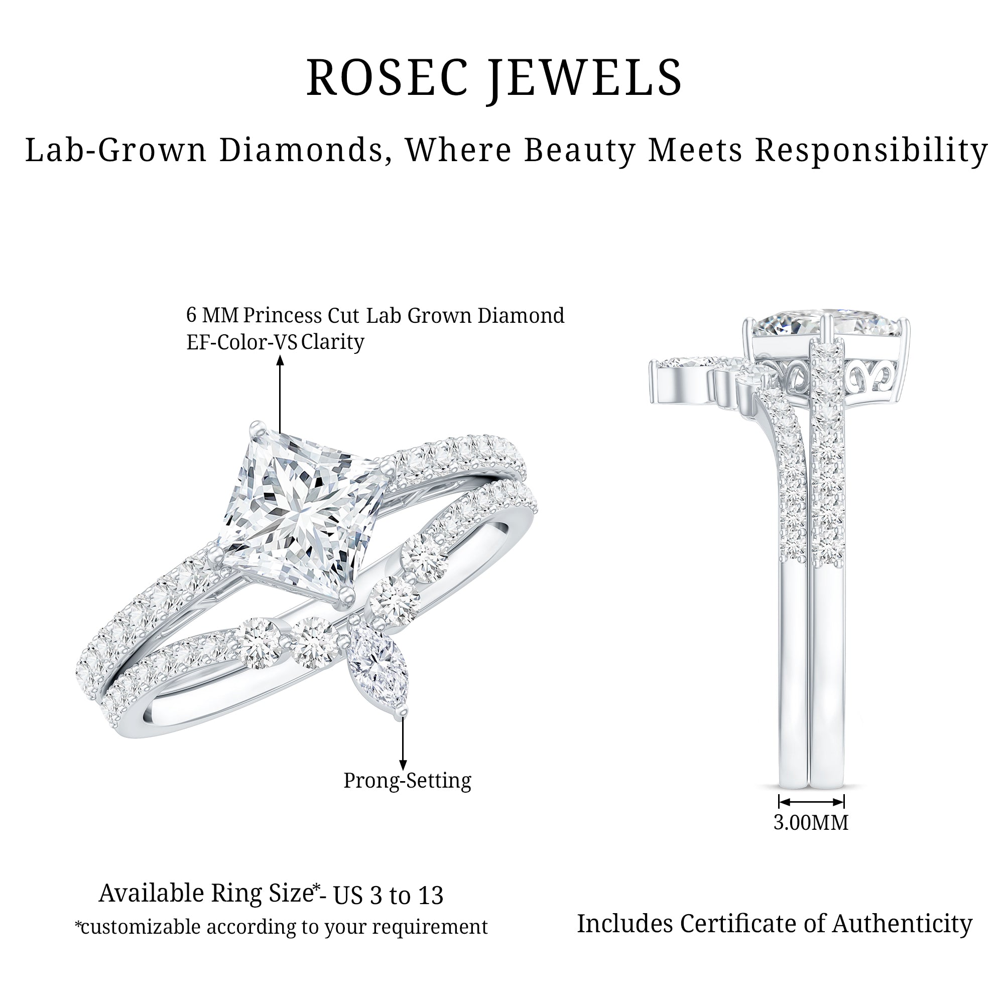 Lab Created Diamond Princess Cut Engagement Ring With Enhancer Lab - ( EF-VS ) - Rosec Jewels