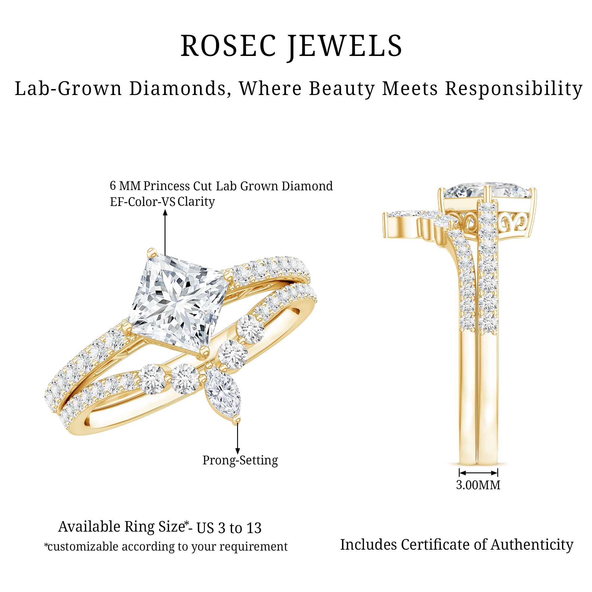 Lab Created Diamond Princess Cut Engagement Ring With Enhancer Lab - ( EF-VS ) - Rosec Jewels