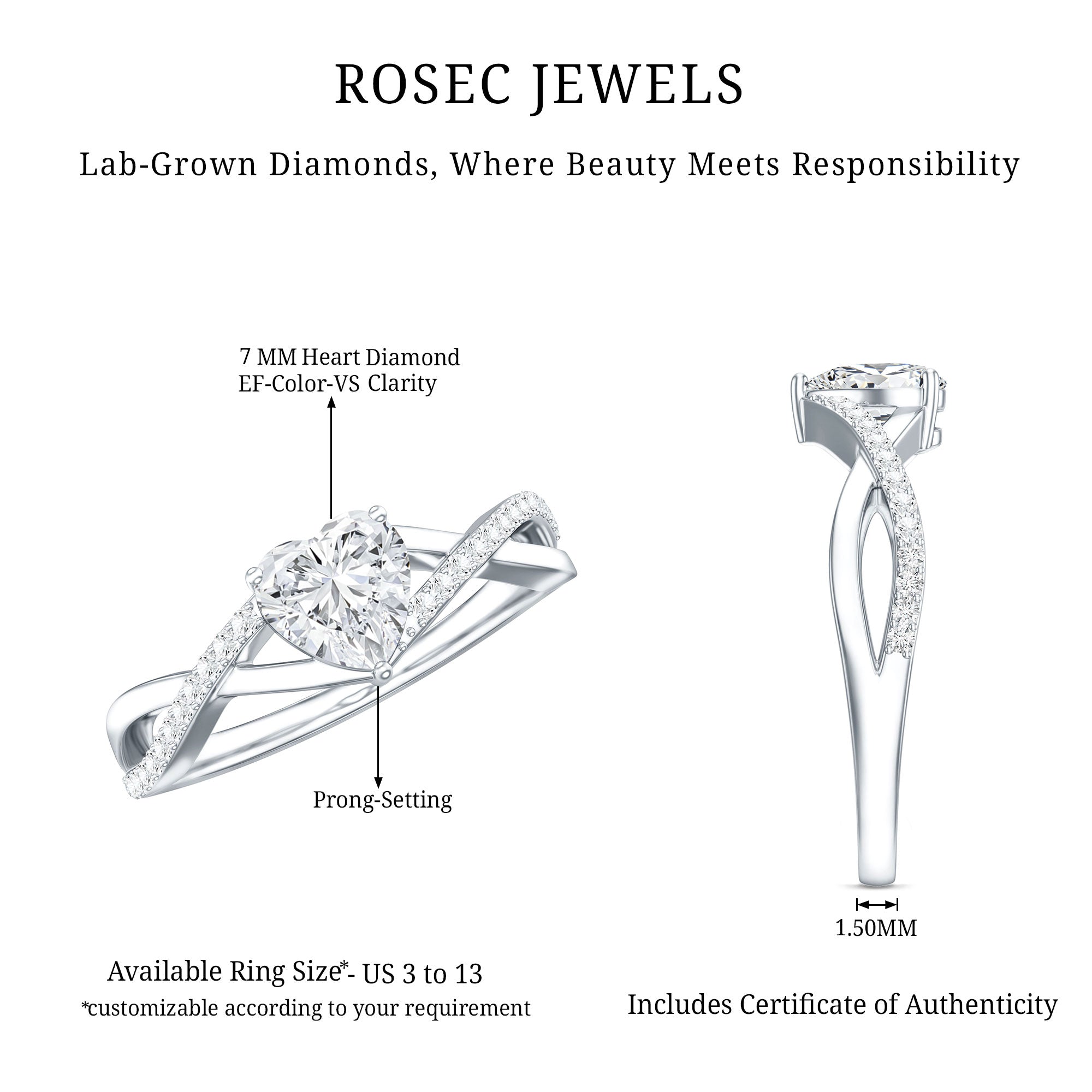 Lab Created Diamond Heart Crossover Engagement Ring Lab - ( EF-VS ) - Rosec Jewels