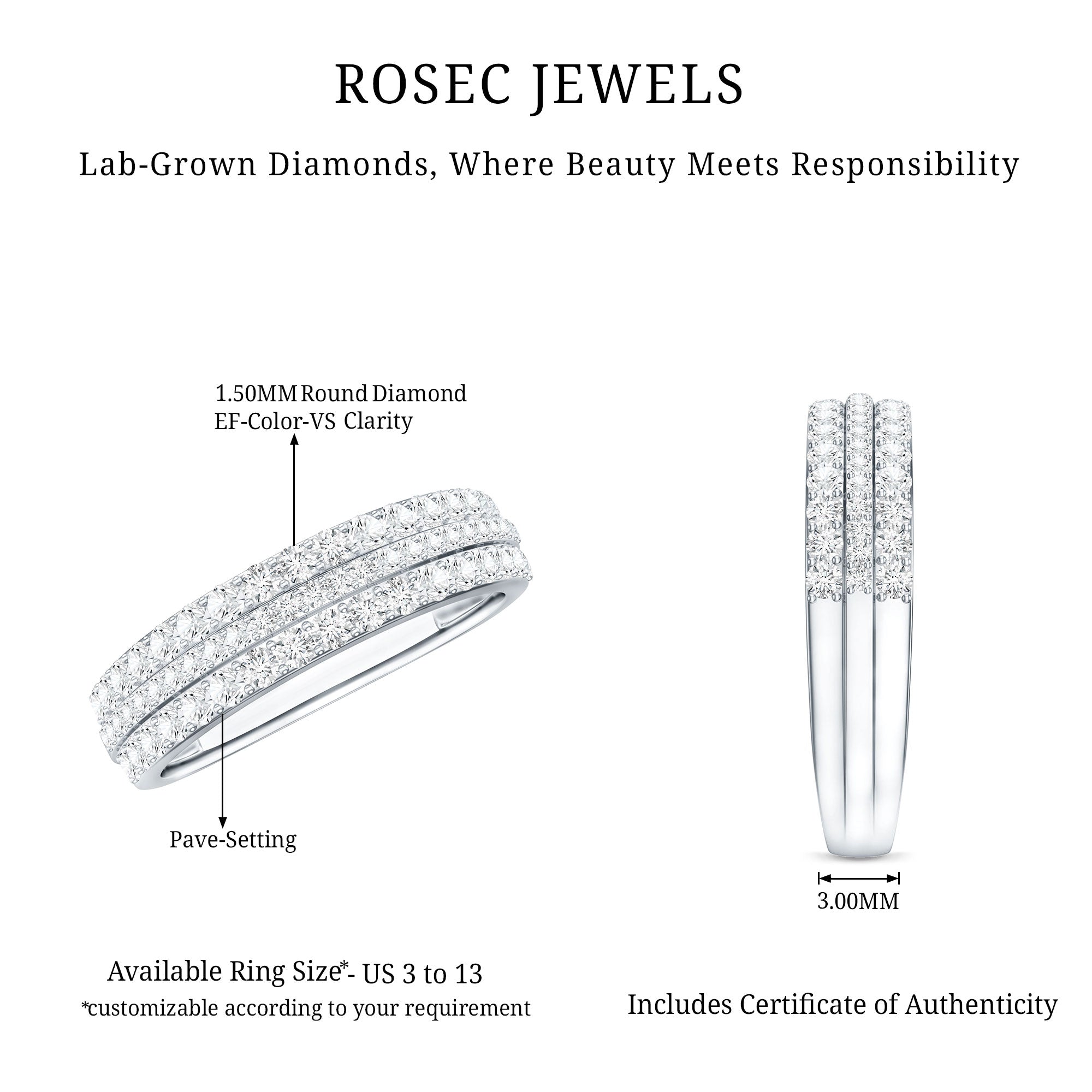 Certified Lab Grown Diamond 3 Row Wedding Band Lab - ( EF-VS ) - Rosec Jewels