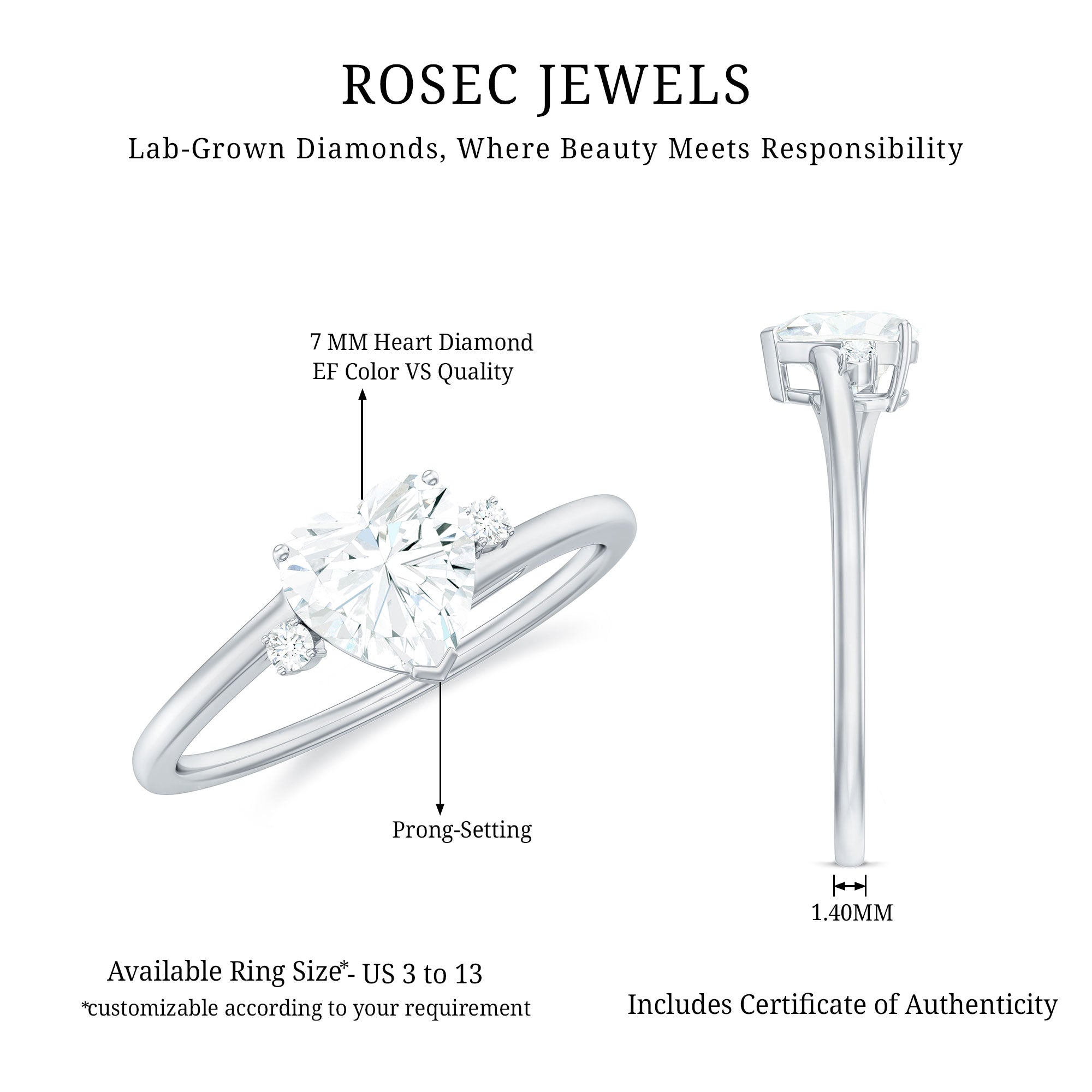 Rosec Jewels-7 mm Heart Lab Grown Diamond Proposal Ring For Her