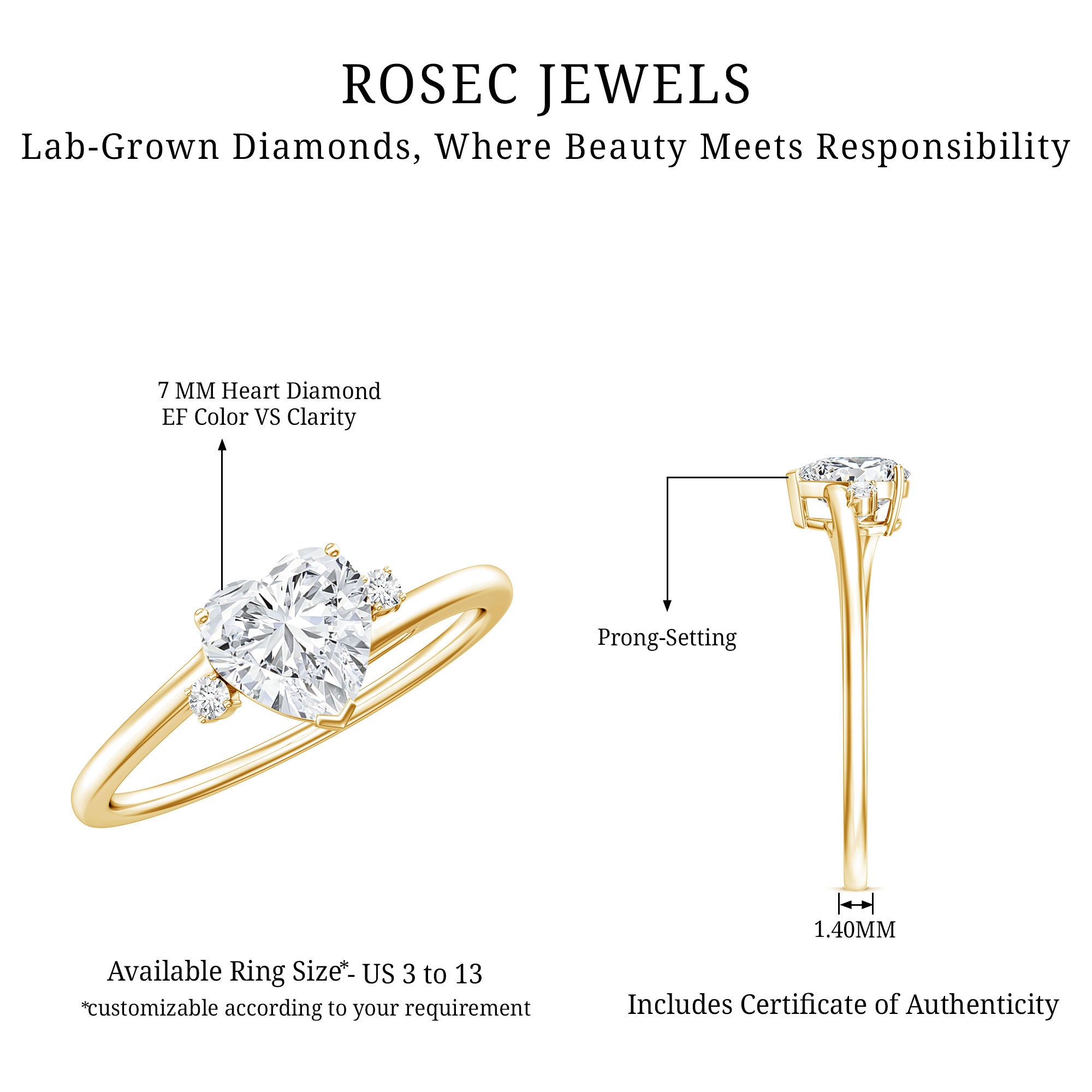 7 mm Heart Lab Grown Diamond Proposal Ring For Her Lab - ( EF-VS ) - Rosec Jewels