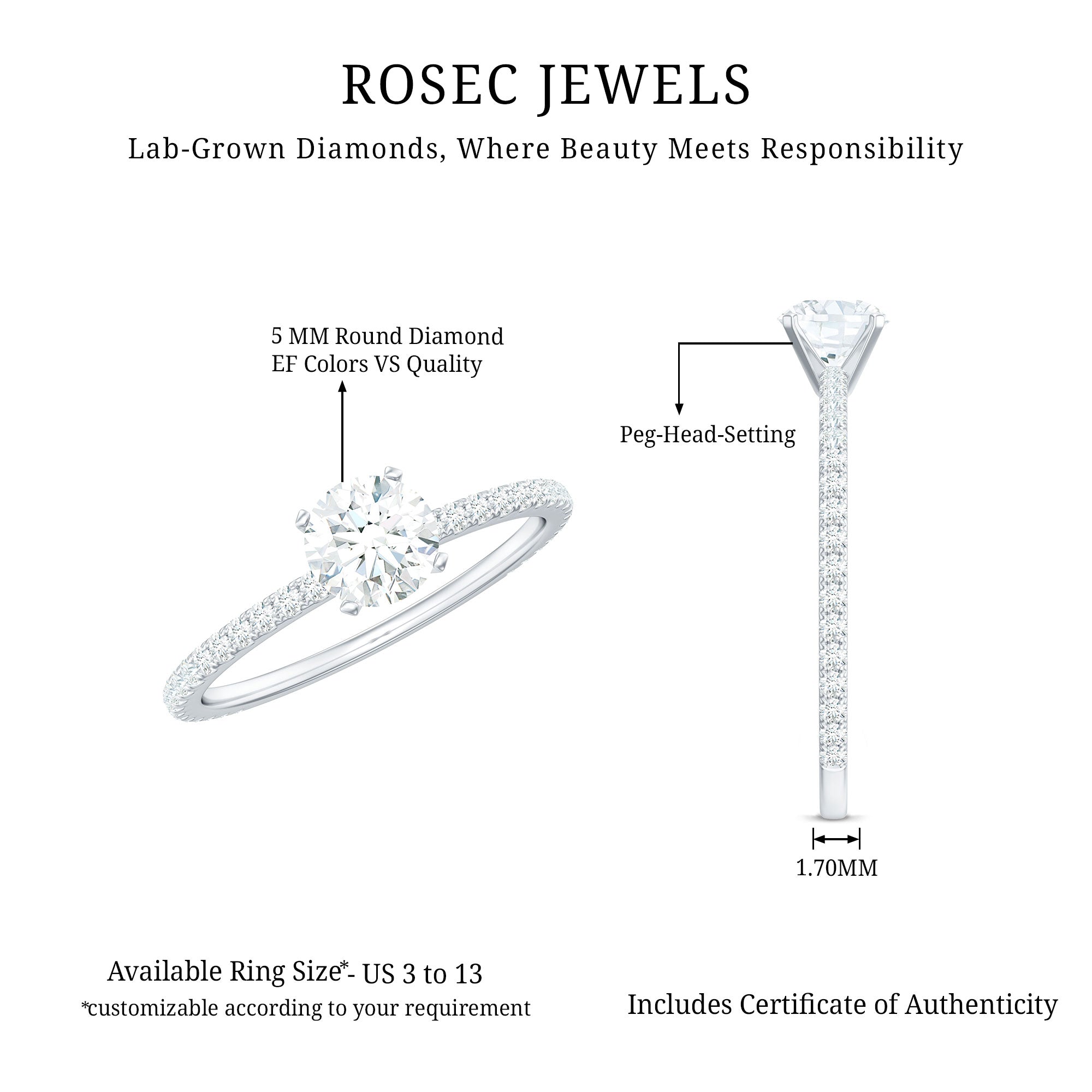 Rosec Jewels-Round Brilliant Cut Lab Grown Diamond Promise Ring with Side Stones