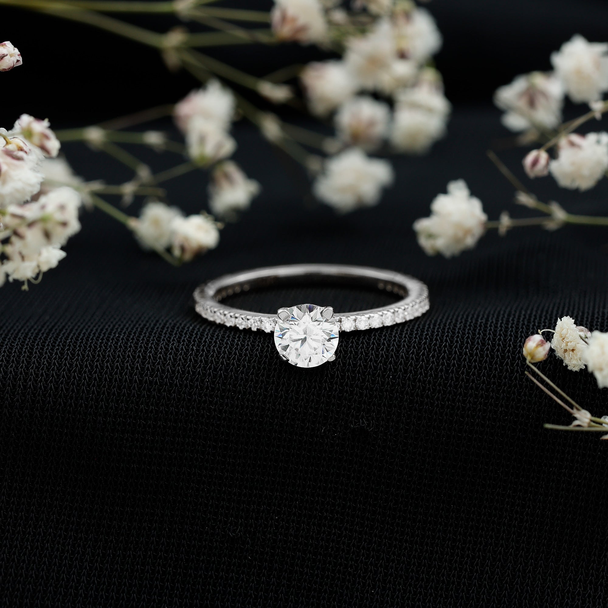 Round Brilliant Cut Lab Grown Diamond Promise Ring with Side Stones Lab - ( EF-VS ) - Rosec Jewels