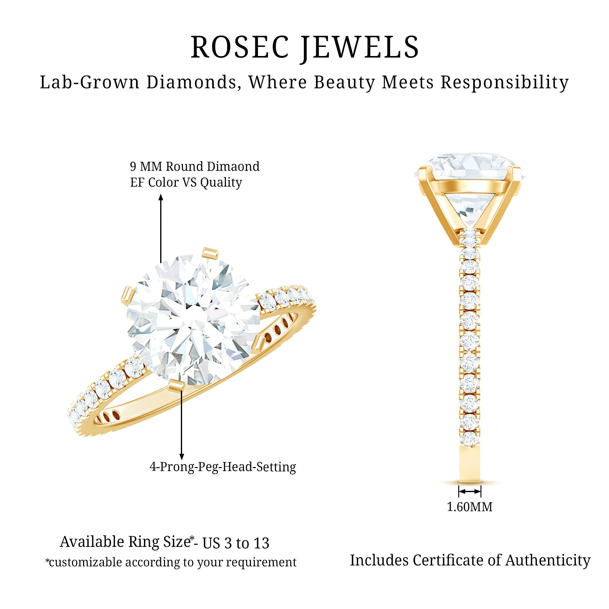 Rosec Jewels-Certified 9 MM Lab Grown Solitaire Diamond Engagement Ring