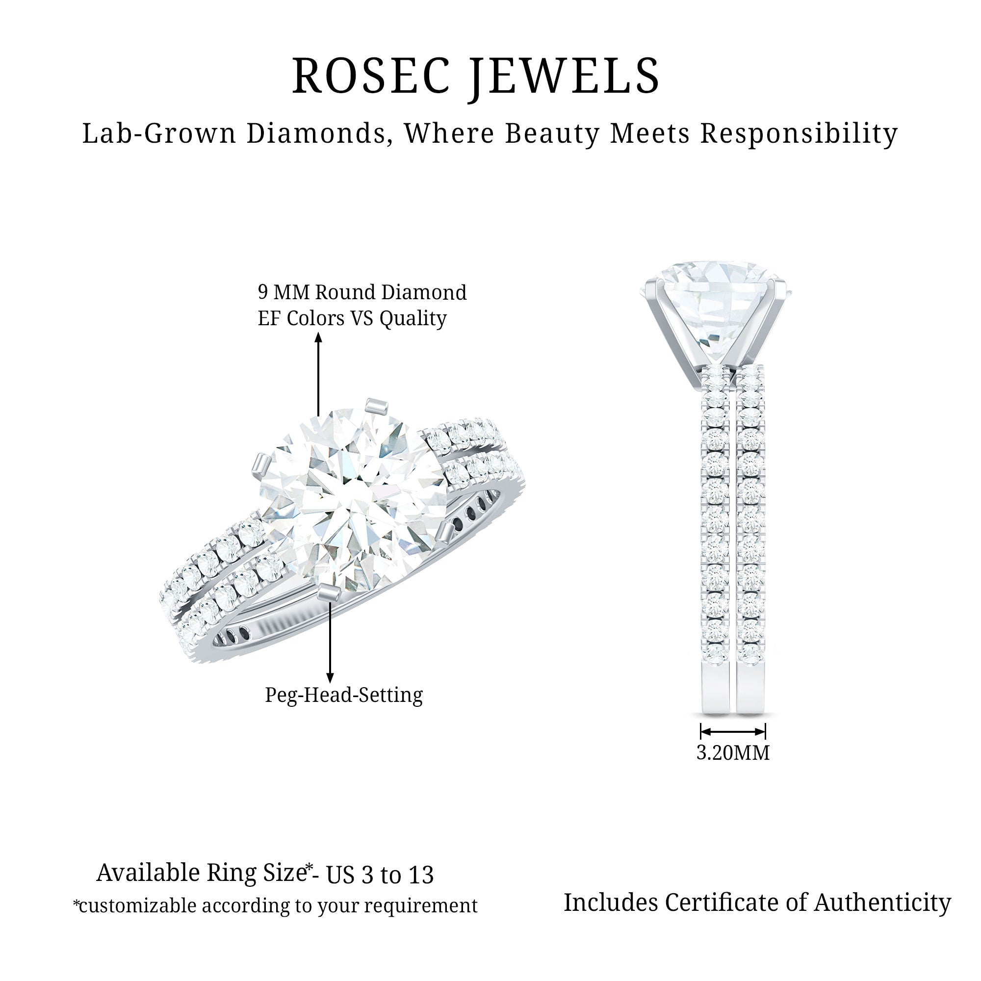 Lab Grown Diamond Wedding Ring Set with Certificate Lab - ( EF-VS ) - Rosec Jewels
