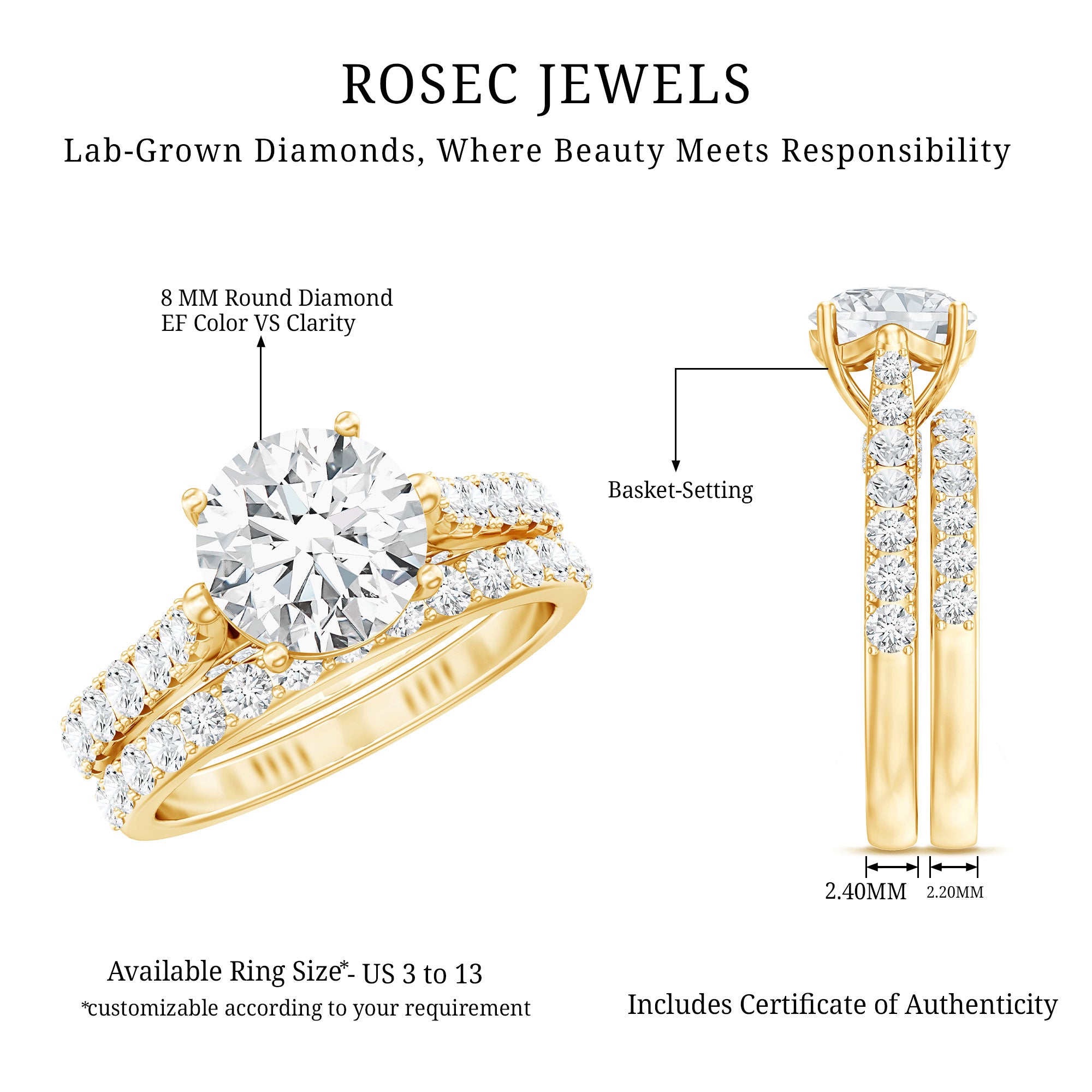 Certified 8 mm Round Lab Grown Diamond Wedding Engagement Ring Set Lab - ( EF-VS ) - Rosec Jewels