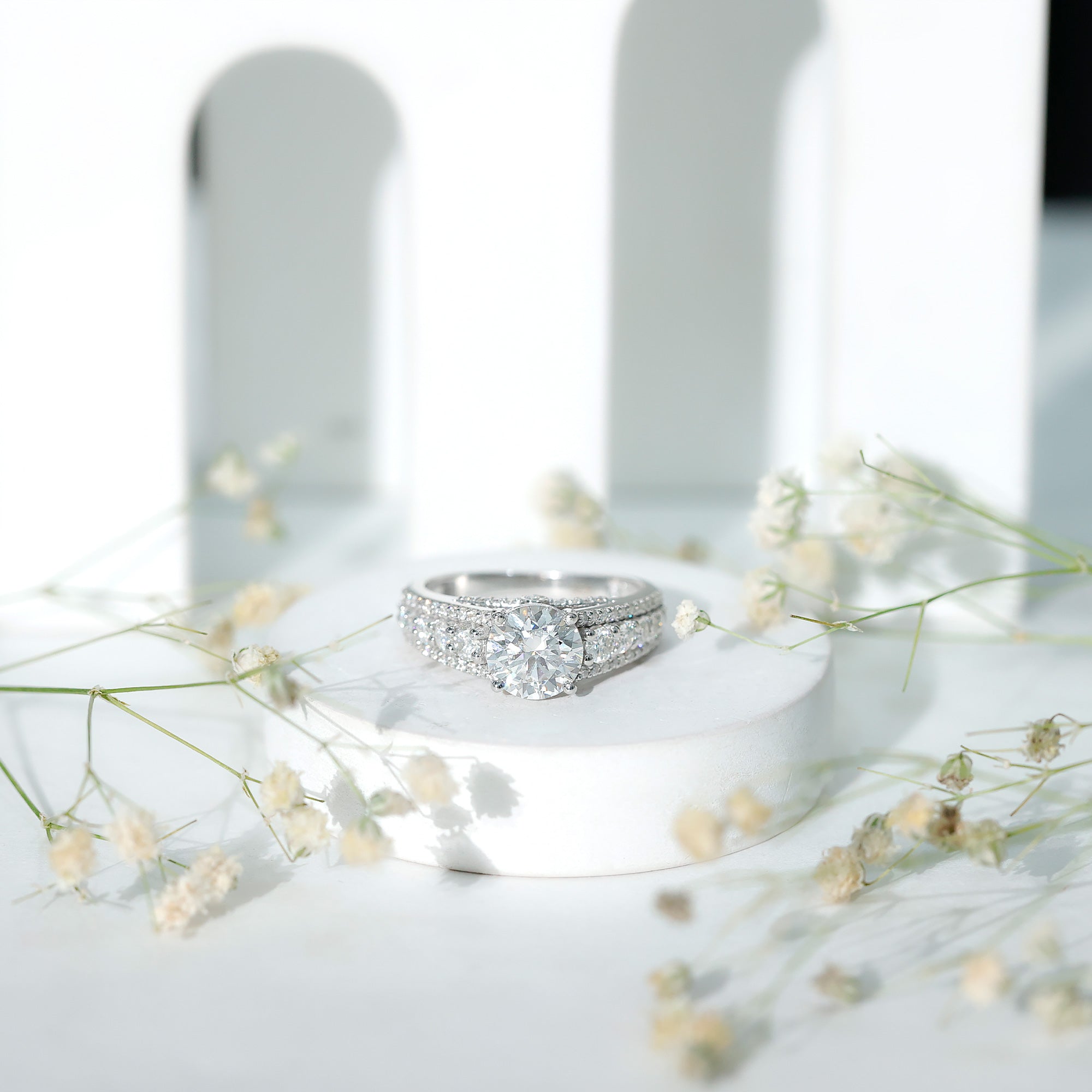 Lab Grown Diamond Statement Engagement Ring With Side Stones Lab - ( EF-VS ) - Rosec Jewels