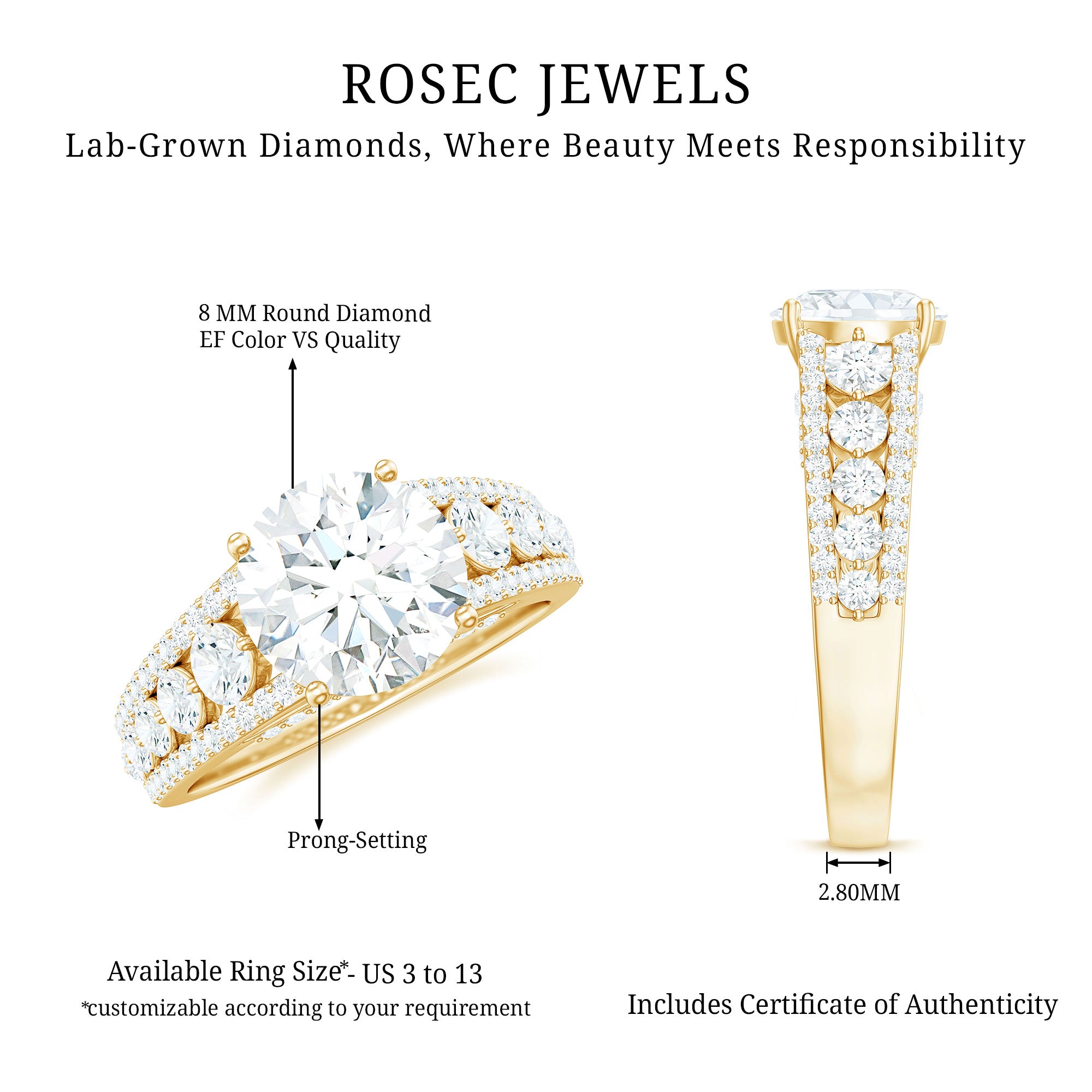 Rosec Jewels-Lab Grown Diamond Statement Engagement Ring With Side Stones