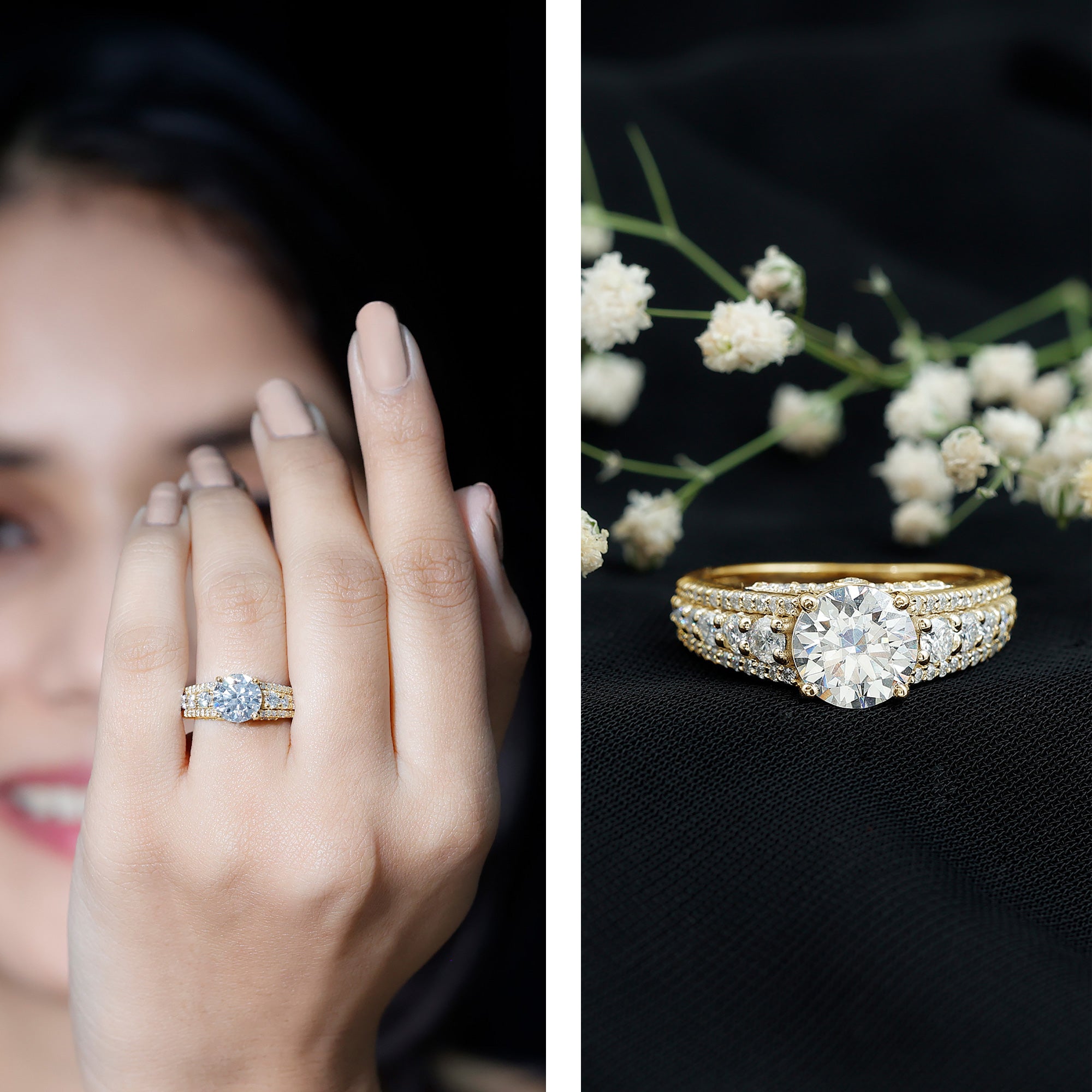 Lab Grown Diamond Statement Engagement Ring With Side Stones Lab - ( EF-VS ) - Rosec Jewels