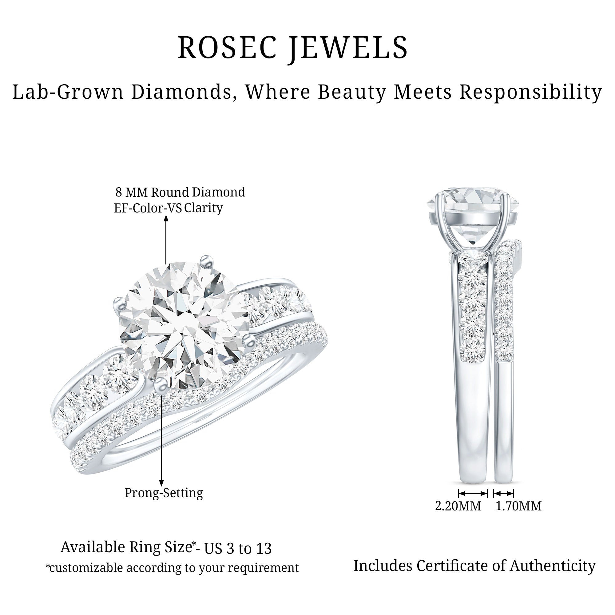 Certified Lab Diamond 8 MM Round Engagement Ring with Enhancer Lab - ( EF-VS ) - Rosec Jewels