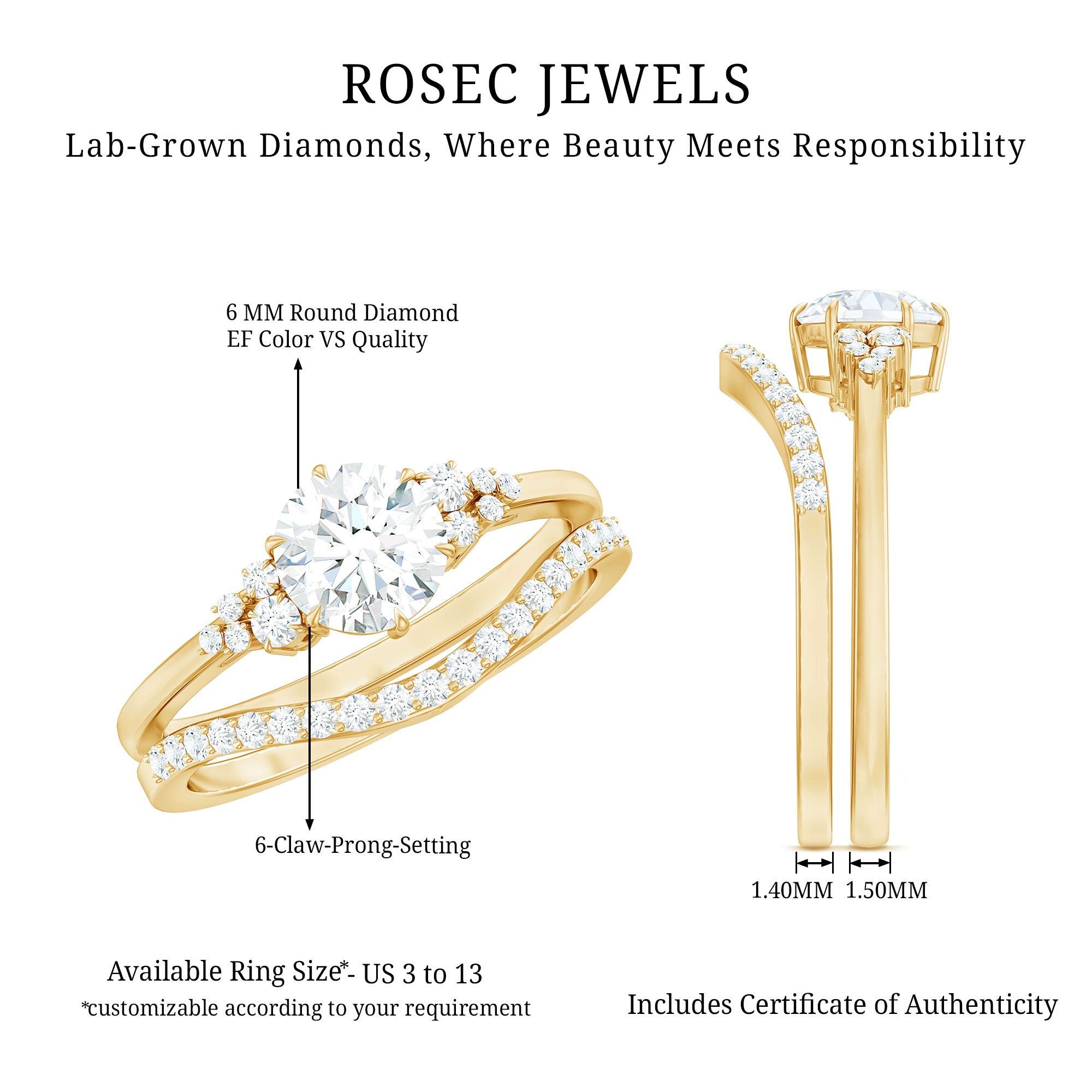 Certified Diamond Bridal Ring Set with Curved Band Lab - ( EF-VS ) - Rosec Jewels