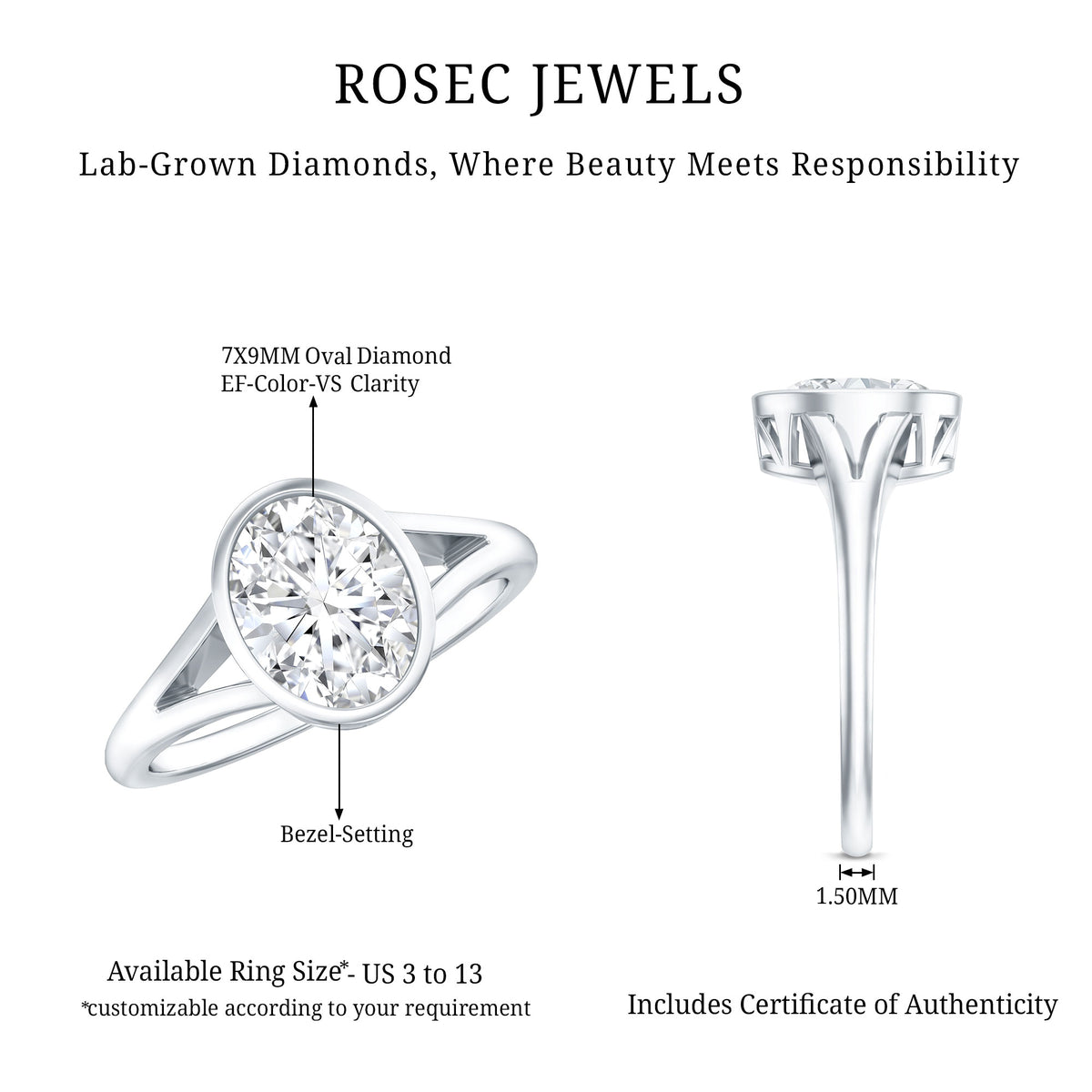 2 Carat Bezel Set Oval Lab Created Diamond Solitaire Ring with IGI Certificate Lab - ( E-VS1 ) - Rosec Jewels
